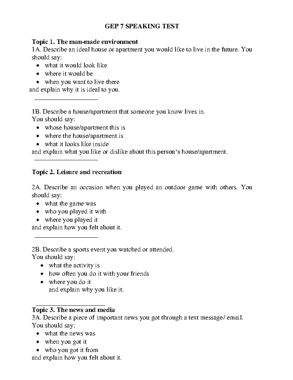 GEP 7 Speaking Test: Topics on Environment, Leisure, and News - Studocu