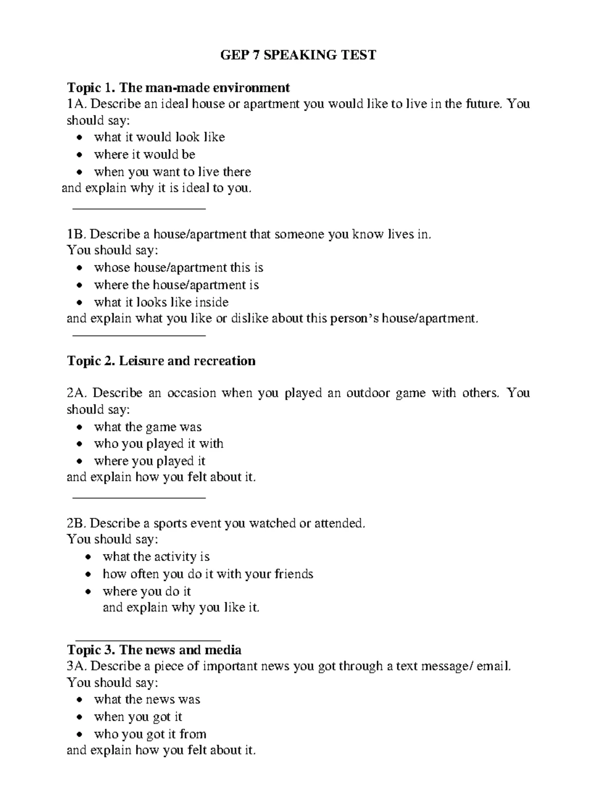 Speaking Test GEP 7: Topics on Environment, Leisure, News & Travel ...