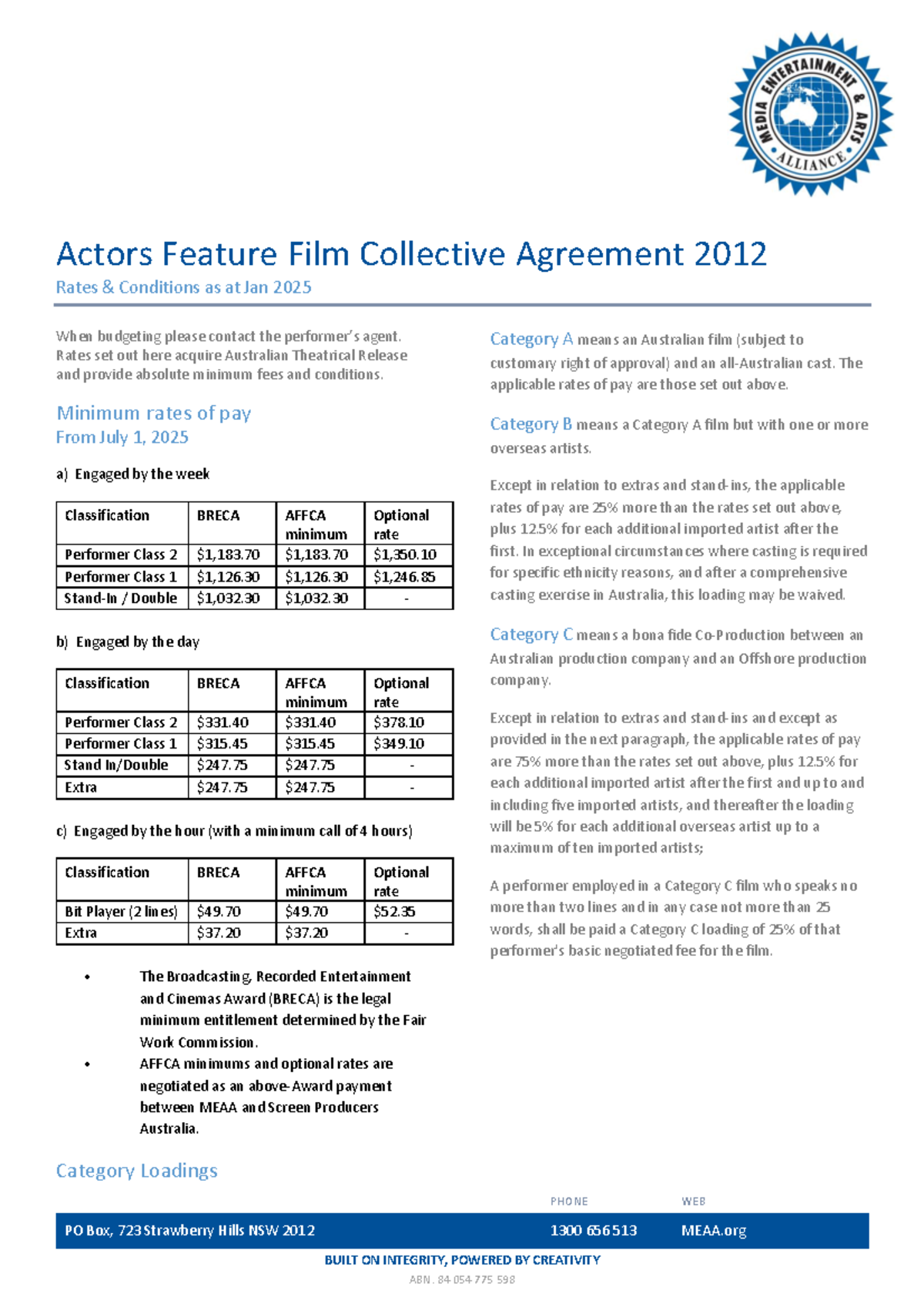 Actors Feature Film Collective Agreement Summary - Rates & Conditions ...