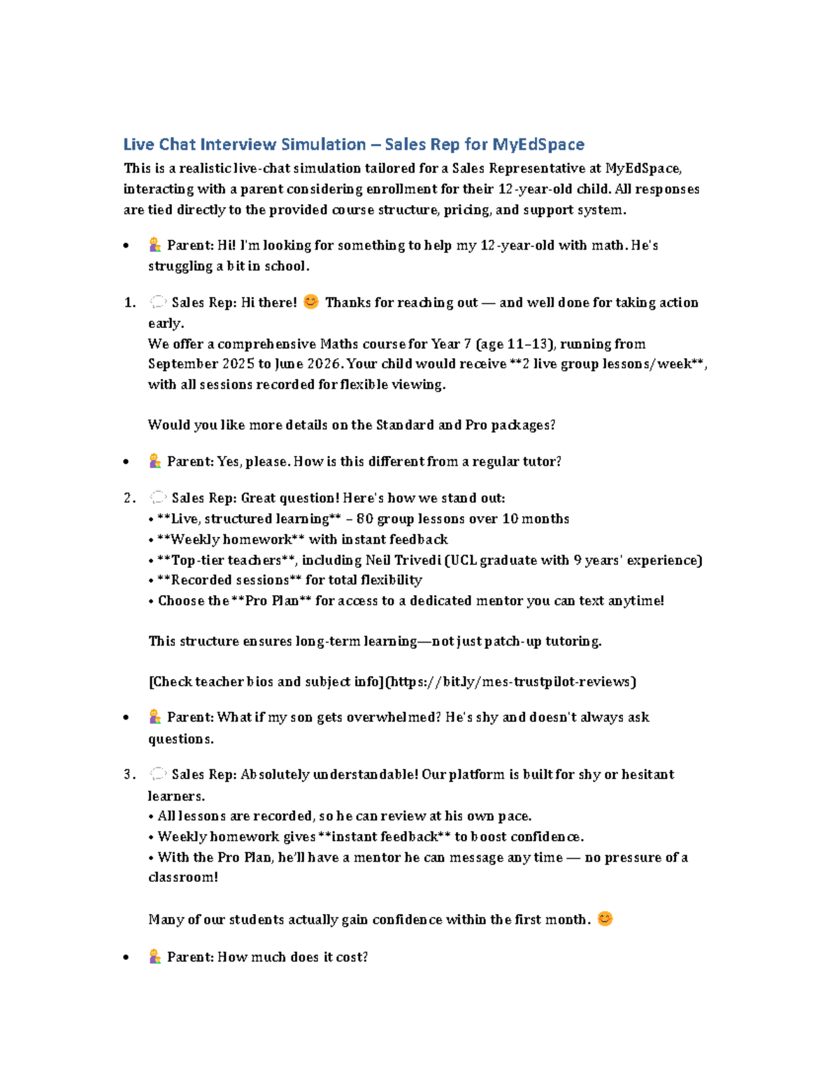 Live Chat Simulation: Sales Rep for MyEdSpace Interview - Studocu