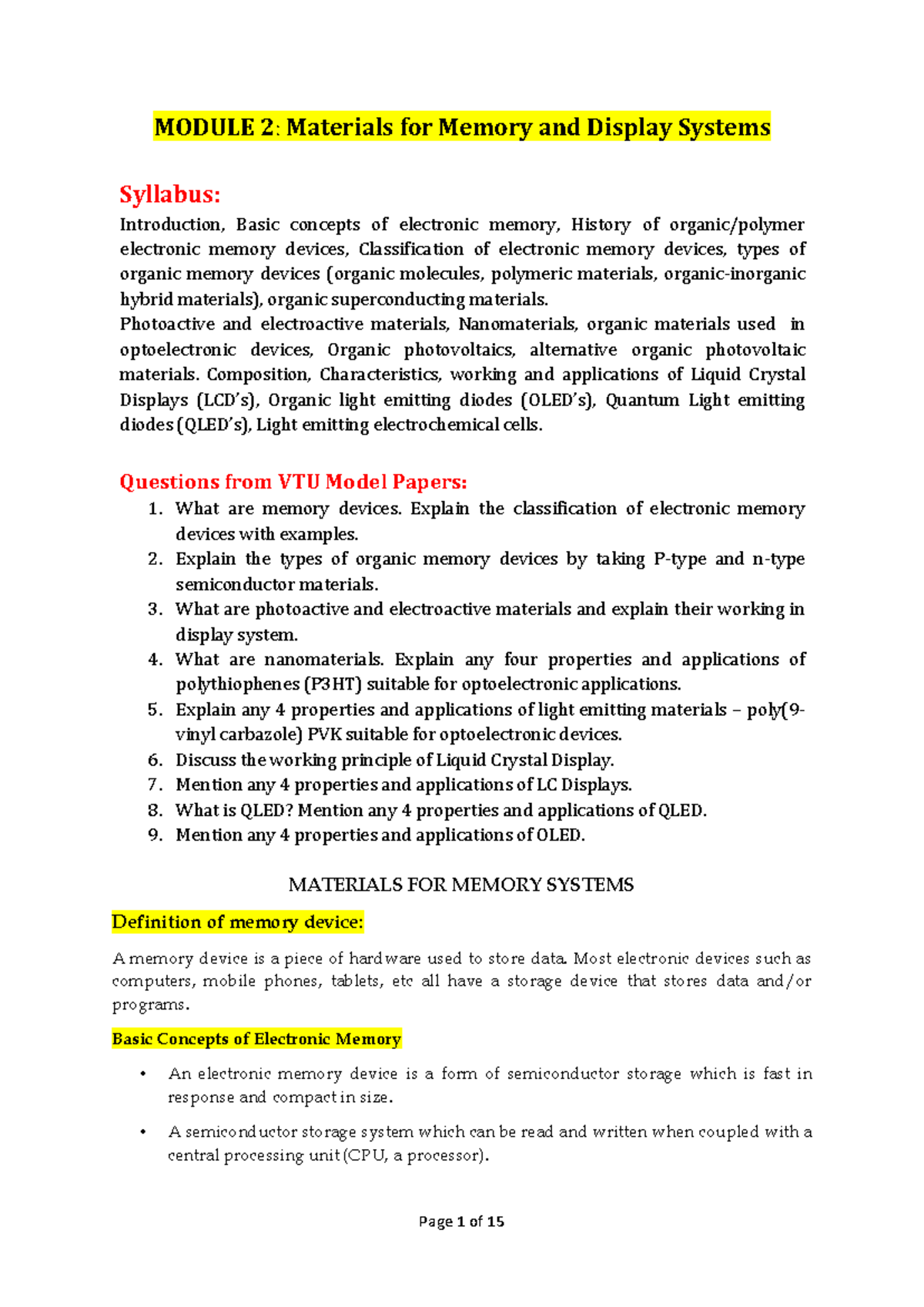 Module 2: Materials for Memory & Display Systems Notes - Studocu