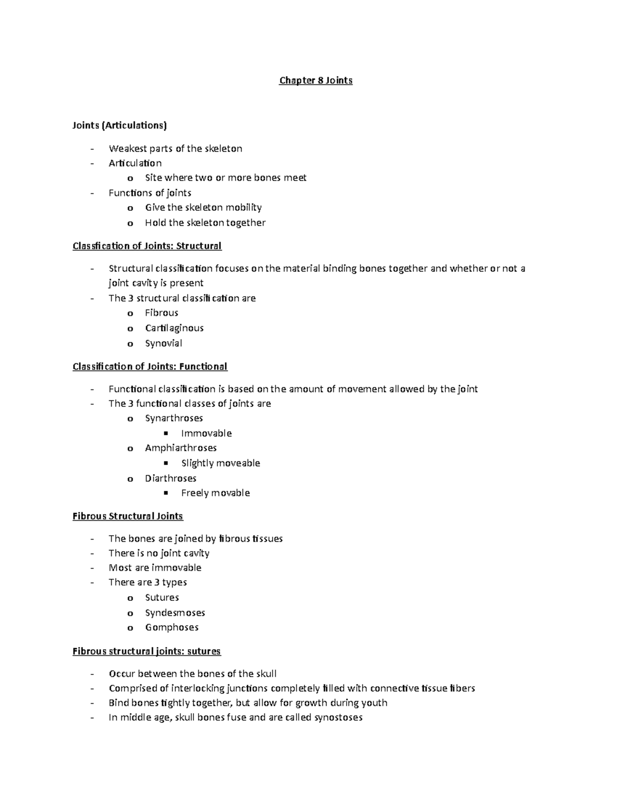 Chapter 8 Joints - Lecture Notes on Articulations and Movements - Studocu