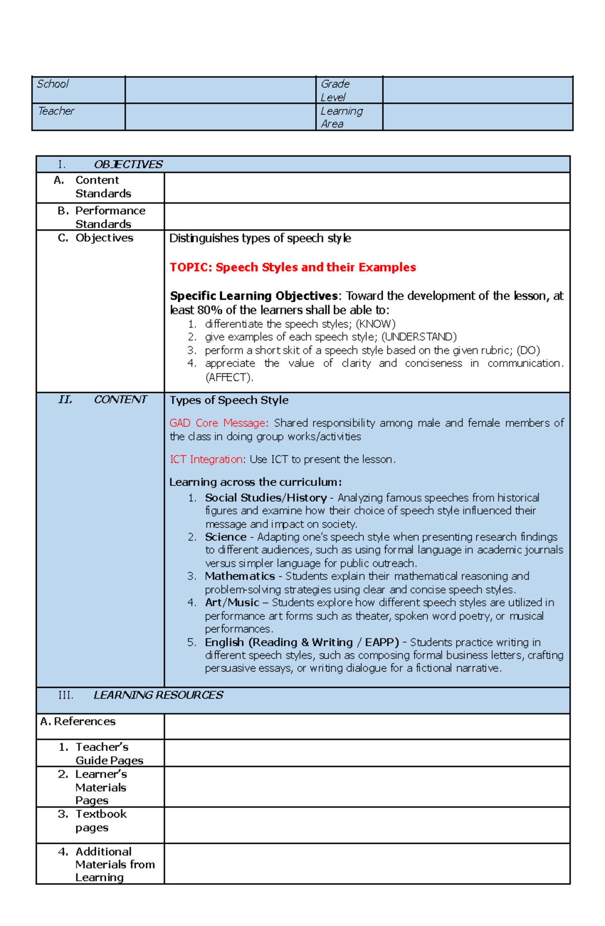 Template for LP - Goodluck! - School Grade Level Teacher Learning Area ...