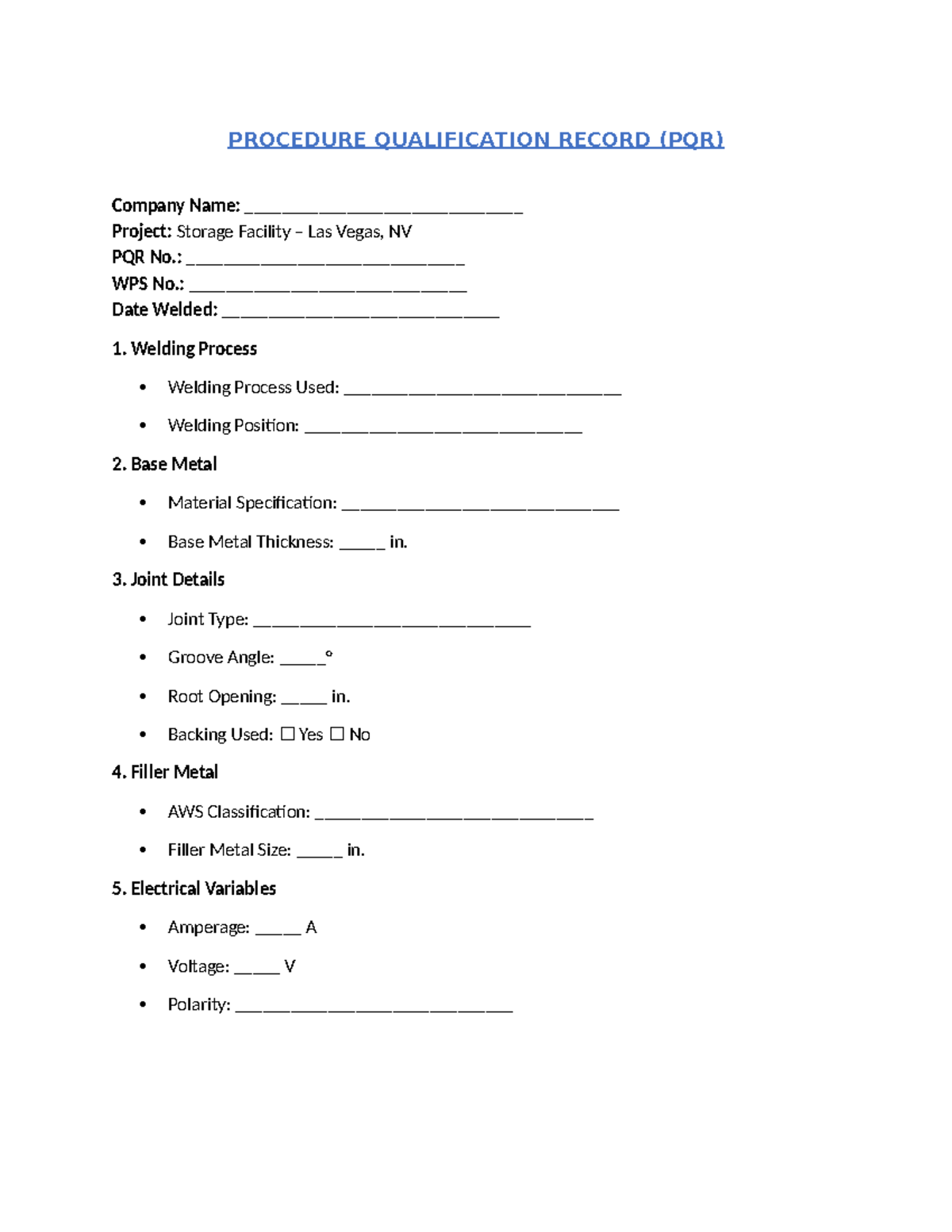 PQR Form for Storage Facility Project - Las Vegas, NV - Studocu