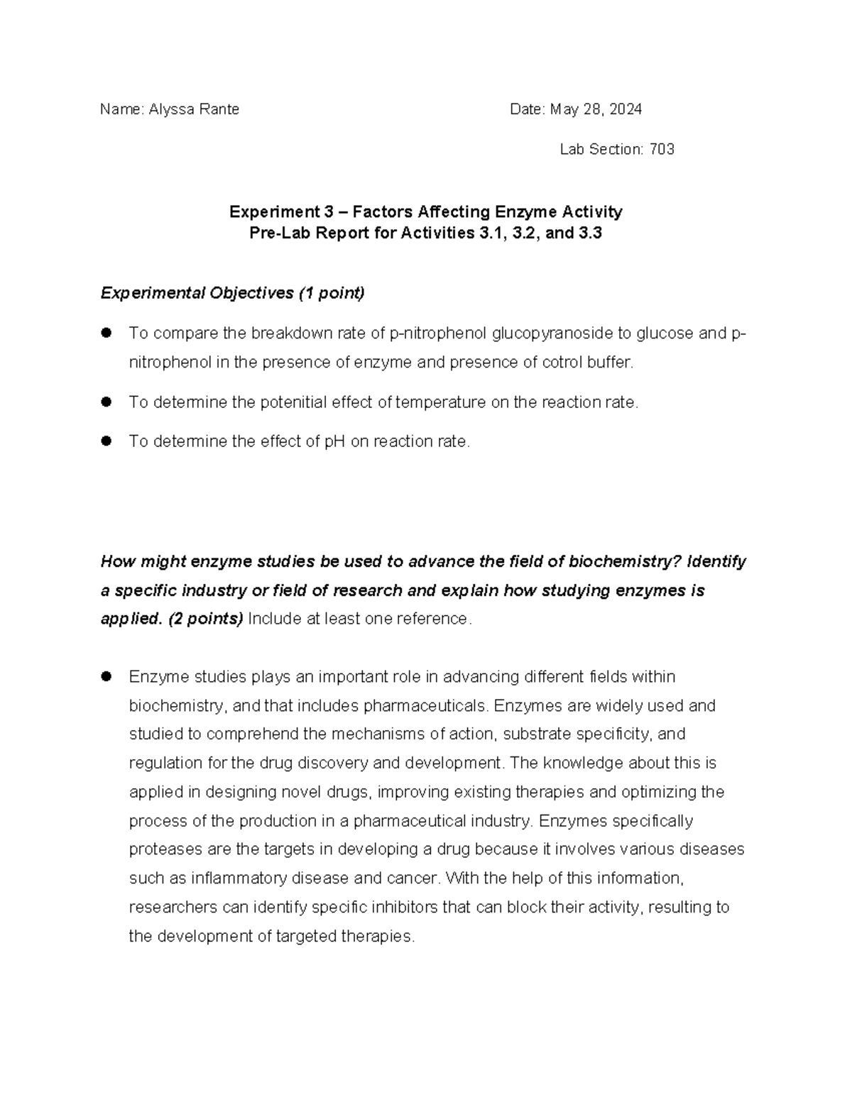 Experiment 3 - Pre-Lab Report on Enzyme Activity Factors (24M) - Studocu