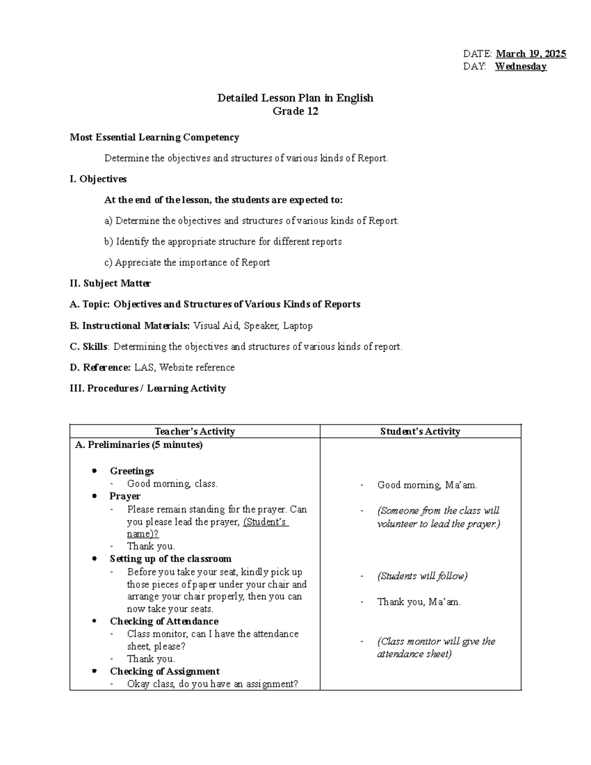 Detailed Lesson Plan on Objectives & Structures of Reports (SHS) - Studocu