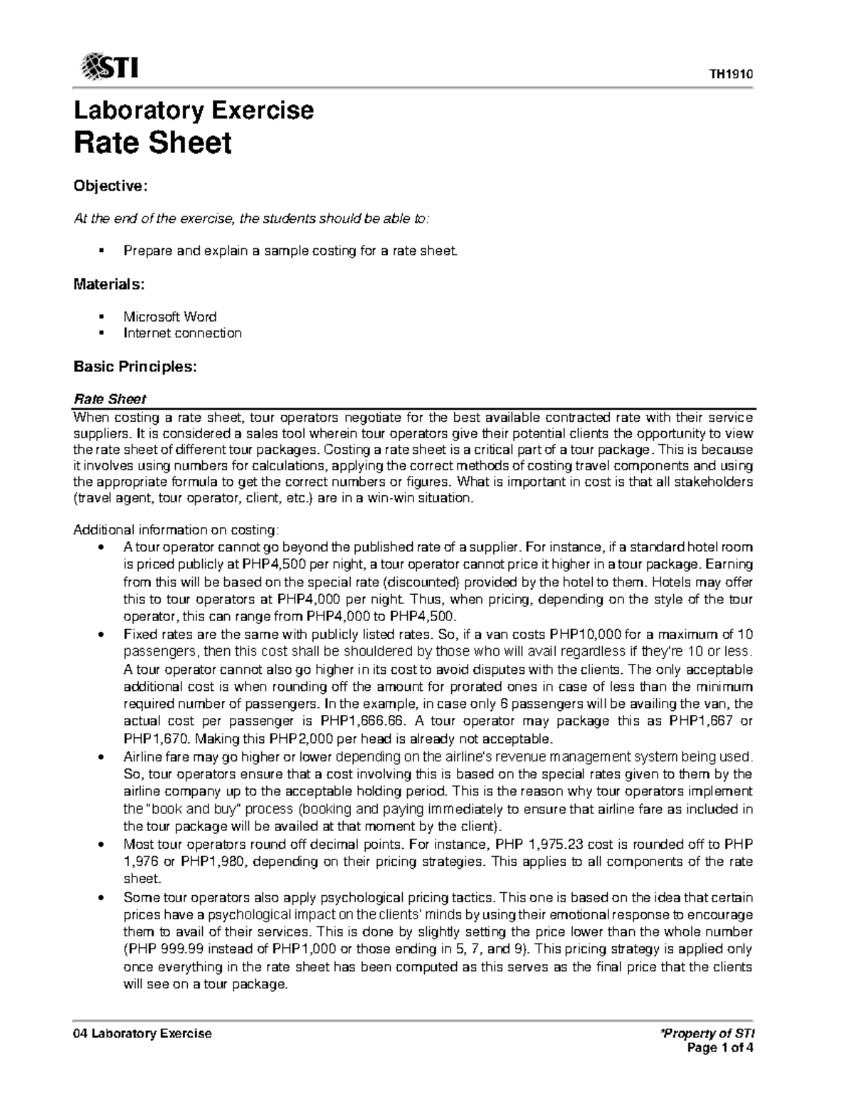 TH1910 Laboratory Exercise: Sample Costing Rate Sheet Guide - Studocu