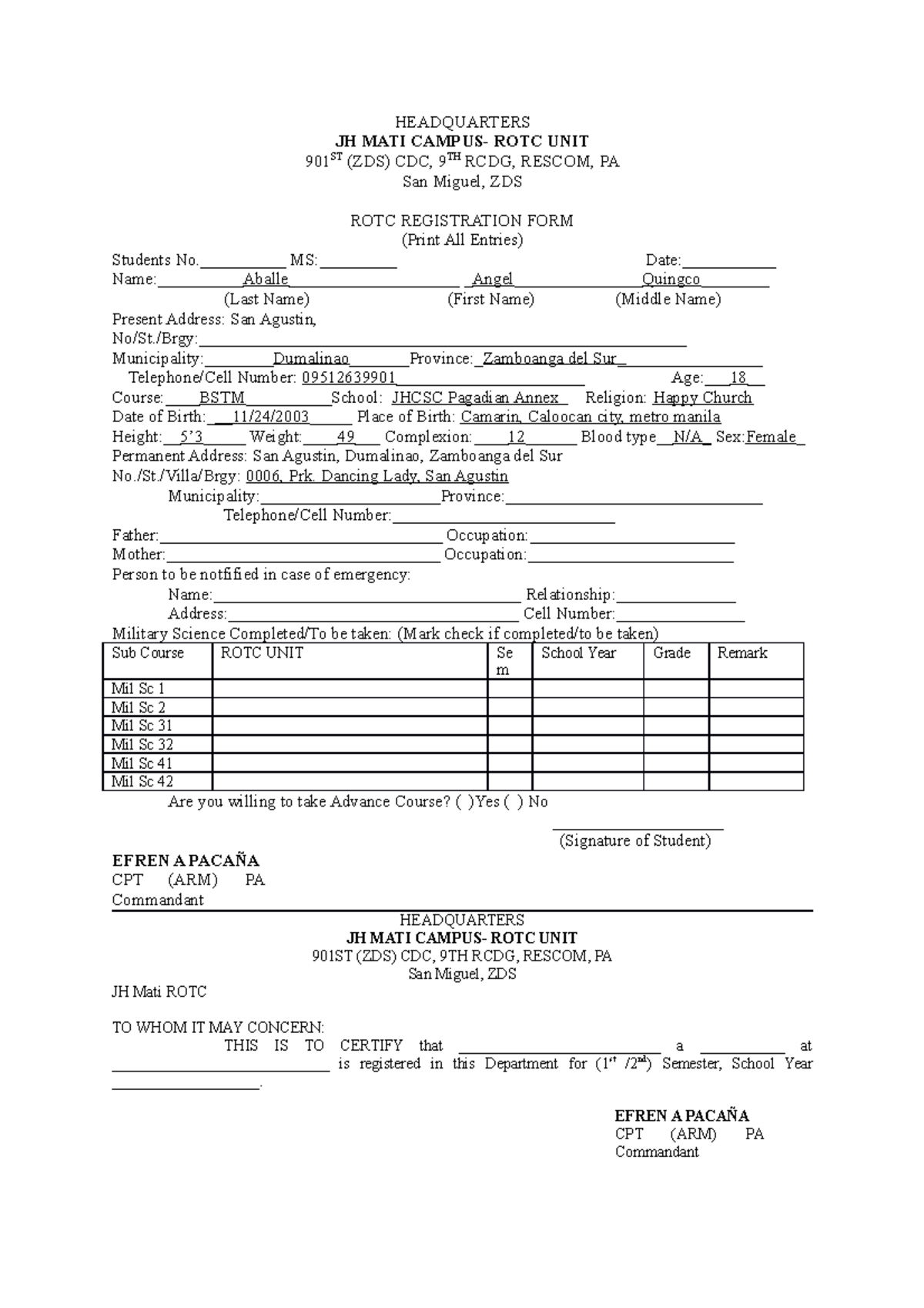 ROTC Registration Form - JH Mati Campus Military Training - Studocu
