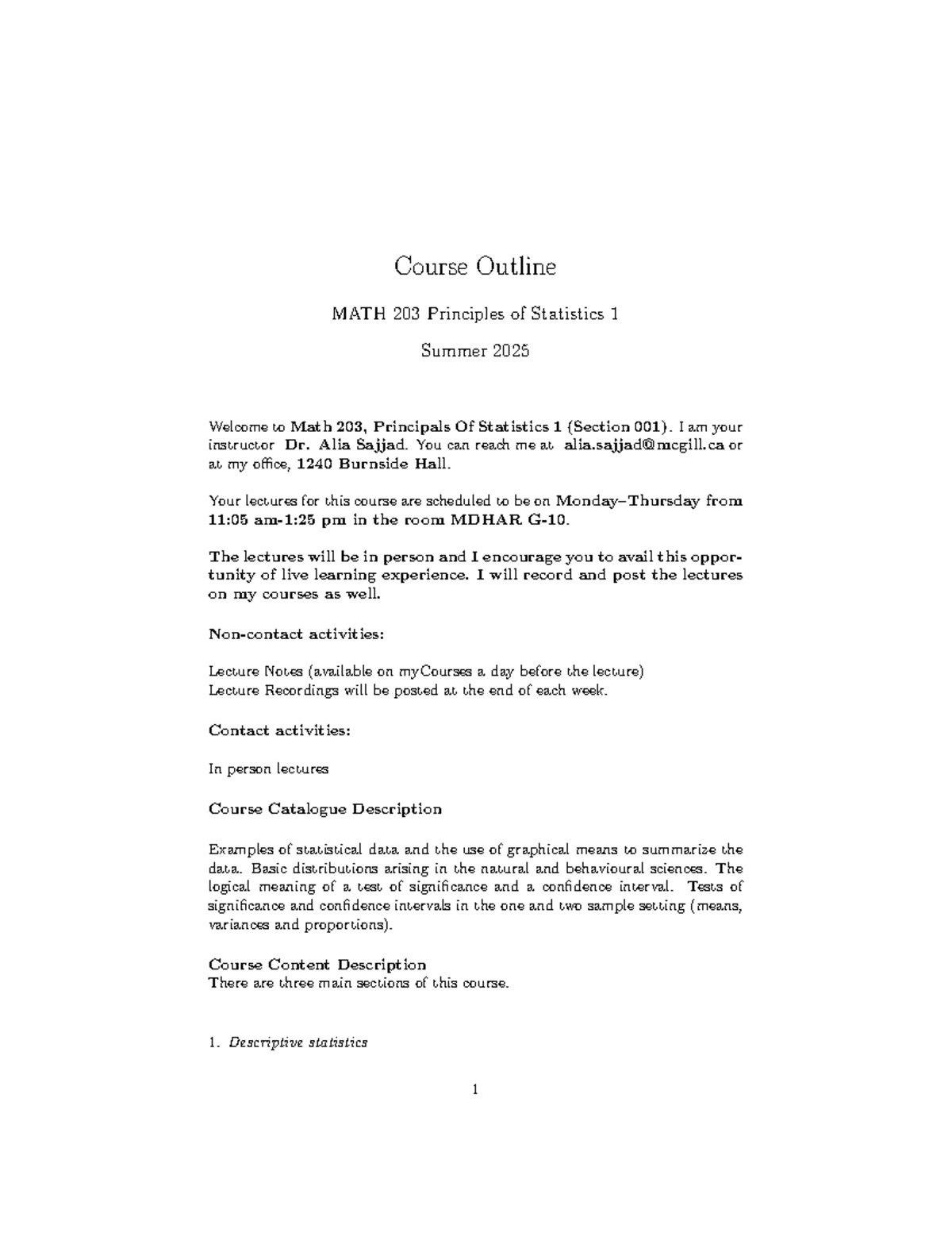 MATH 203 Course Outline: Principles of Statistics 1 - Summer 2025 - Studocu