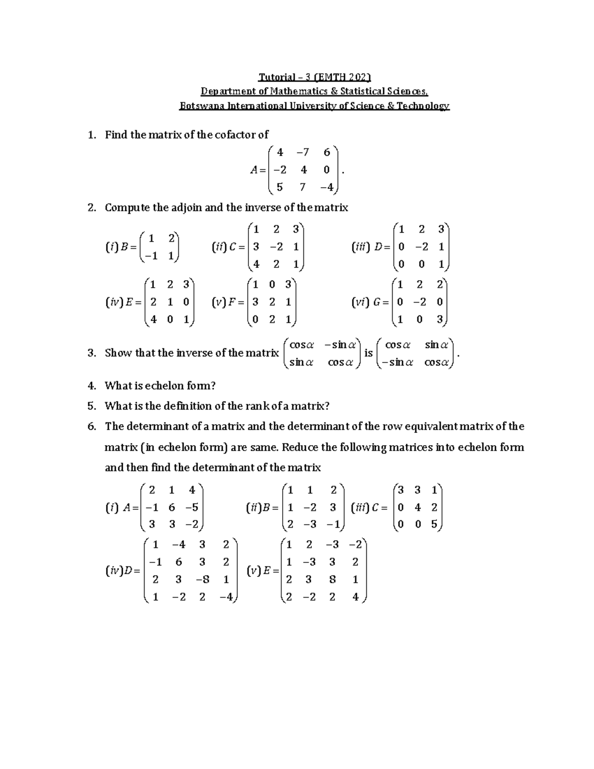EMTH202 Tutorial 3 - Matrix Operations and Linear Equations Study Guide ...