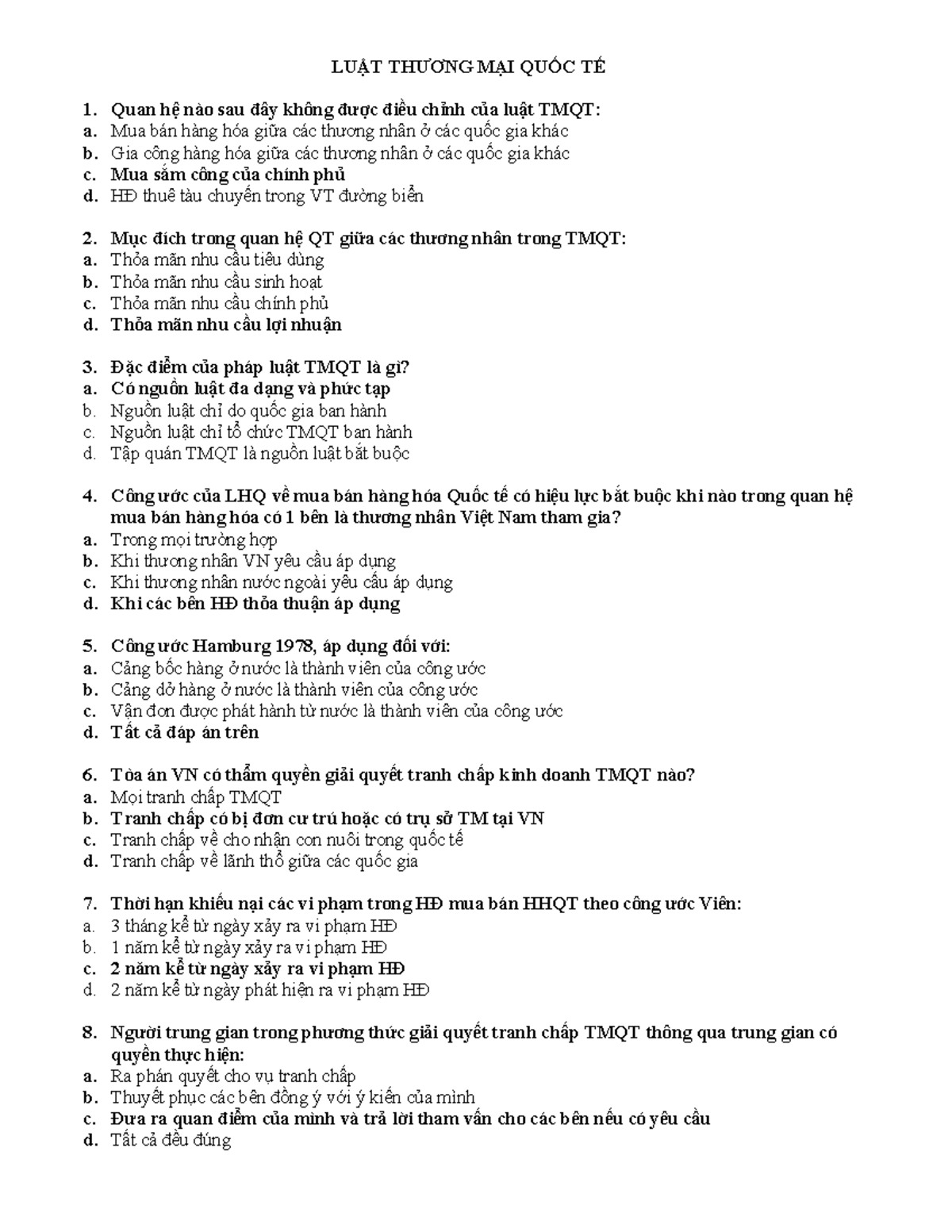 TRẮC NGHIỆM TMQT1 - Ôn thi giữa kỳ và cuối kỳ luật thương mại quốc tế - Document Preview