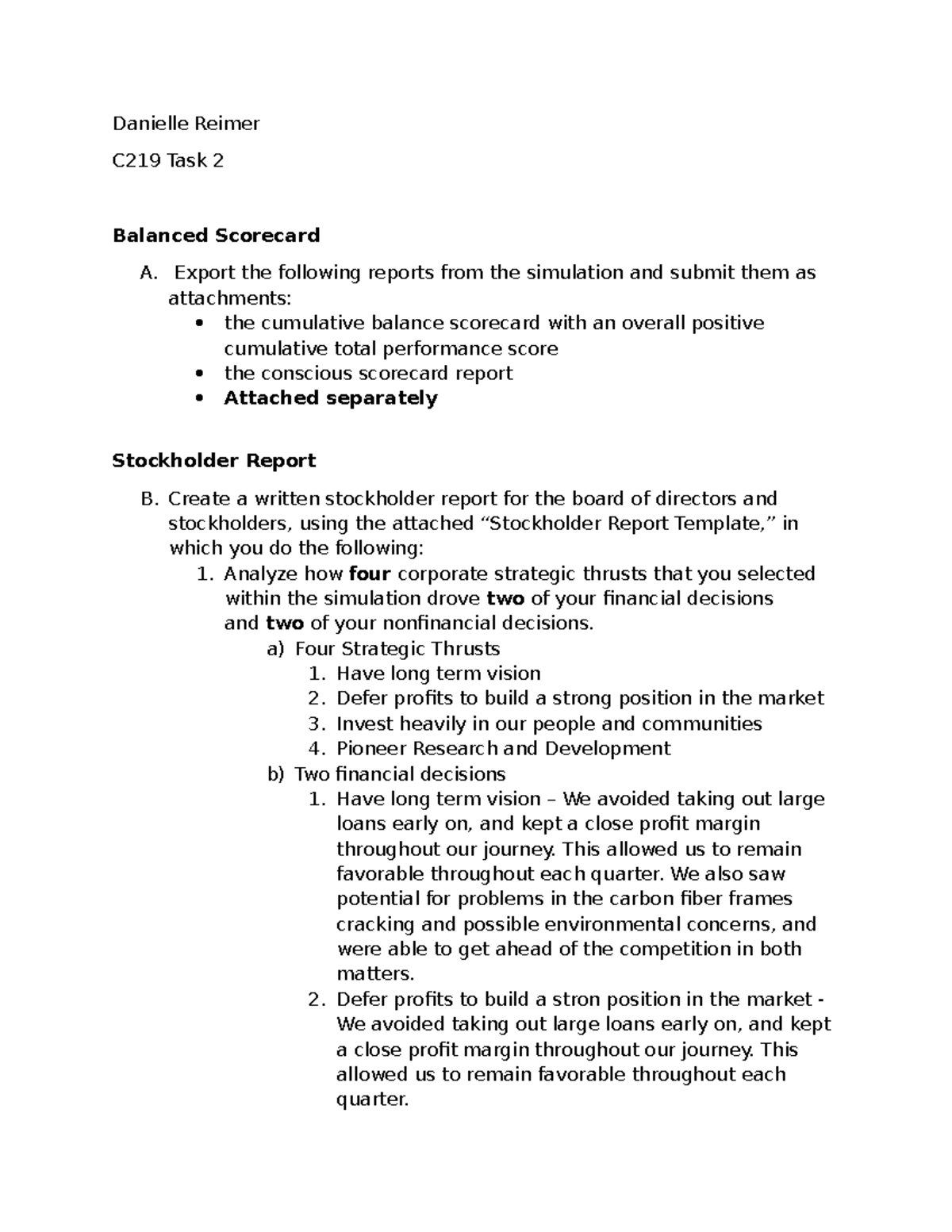 C219 Task 2: Balanced Scorecard & Stockholder Report Analysis - Studocu