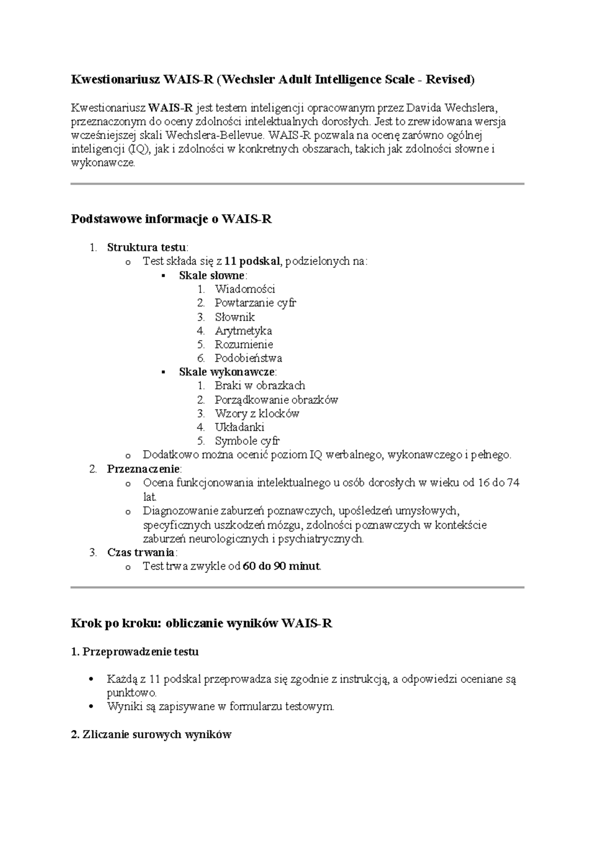 Kwestionariusz WAIS-R: Przewodnik do Oceny Inteligencji Dorosłych - Studocu