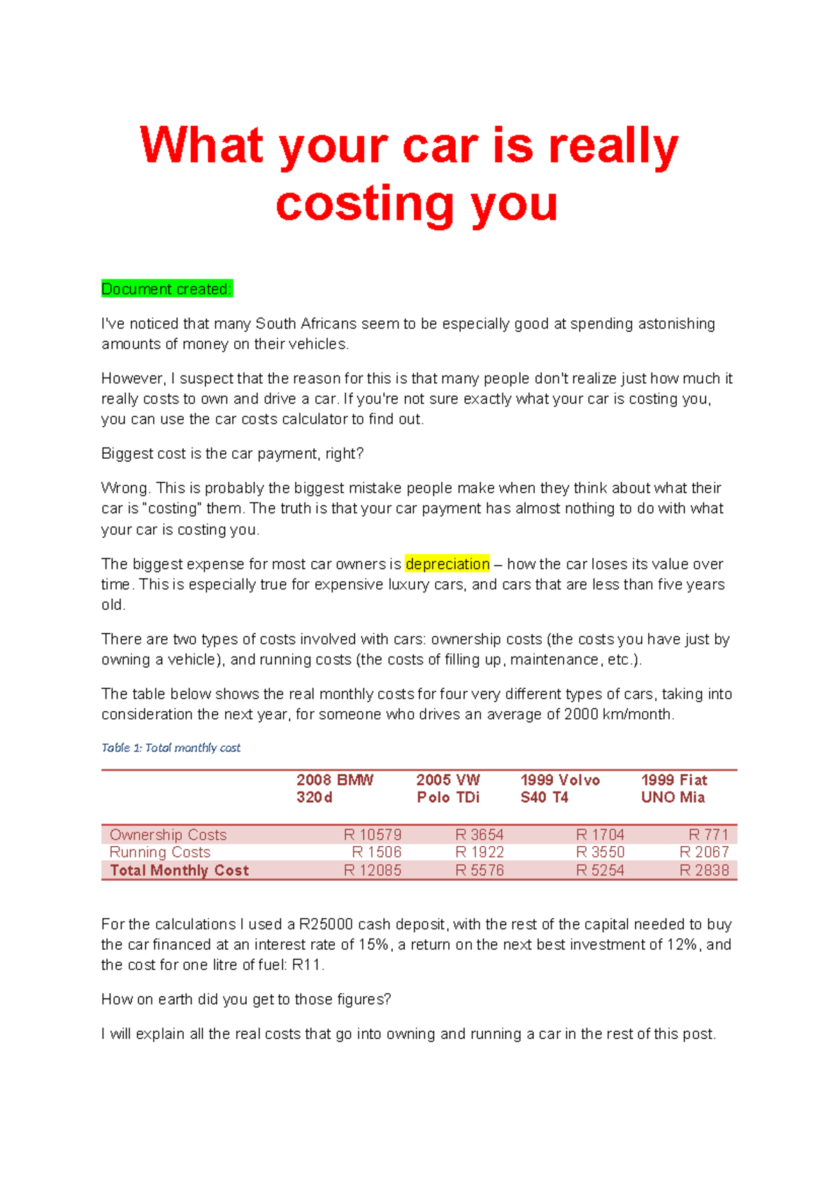 Understanding the True Costs of Car Ownership in South Africa - Studocu