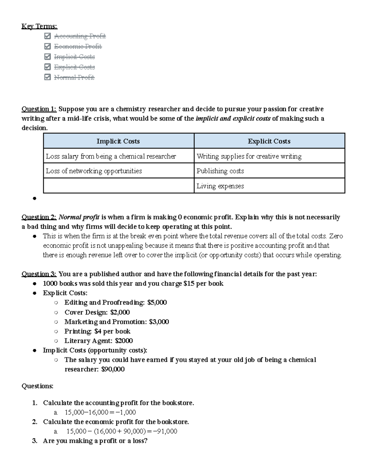 AP Micro-3.4 Worksheet on Profit Concepts and Costs Analysis - Studocu
