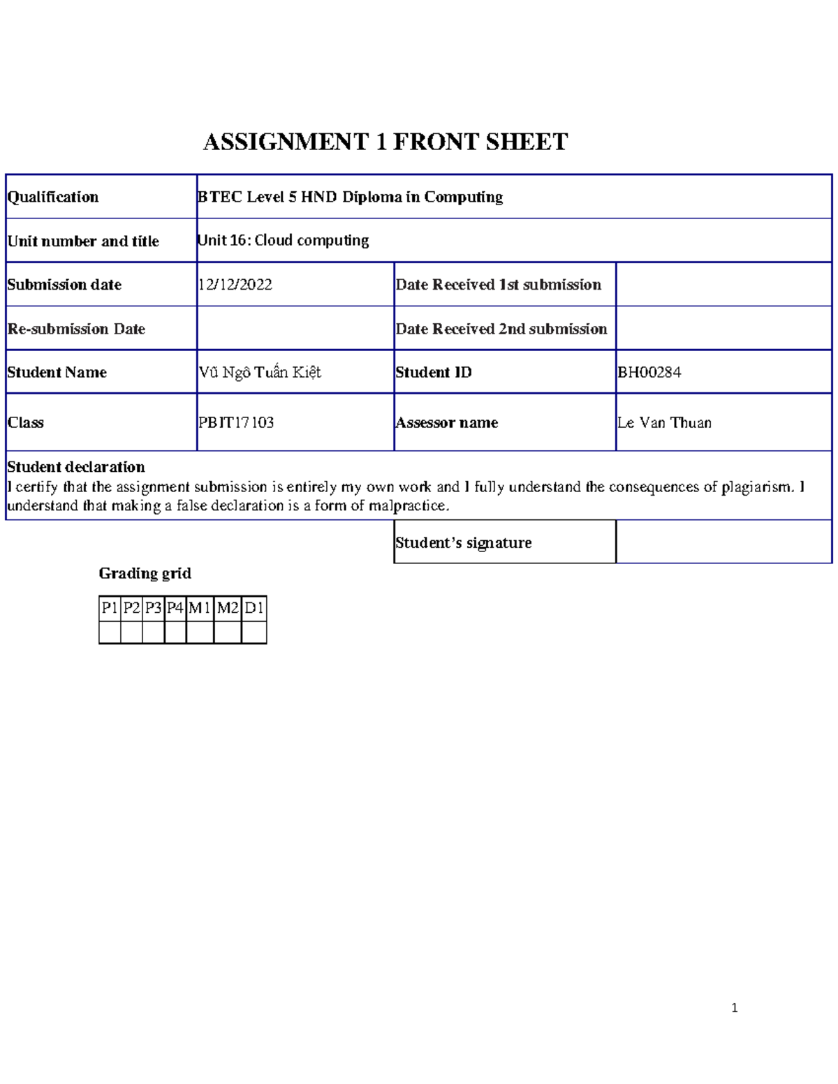 ASM1 CC VNTK - ASM - ASSIGNMENT 1 FRONT SHEET Qualification BTEC Level ...