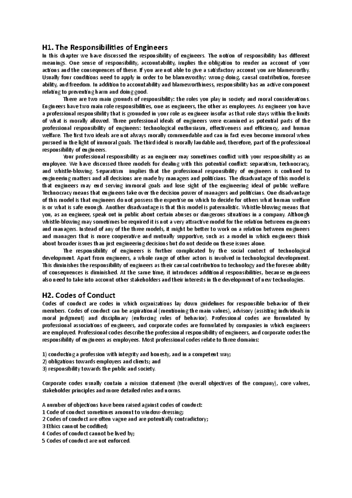 Engineering Ethics Summary: Responsibilities and Codes of Conduct ...