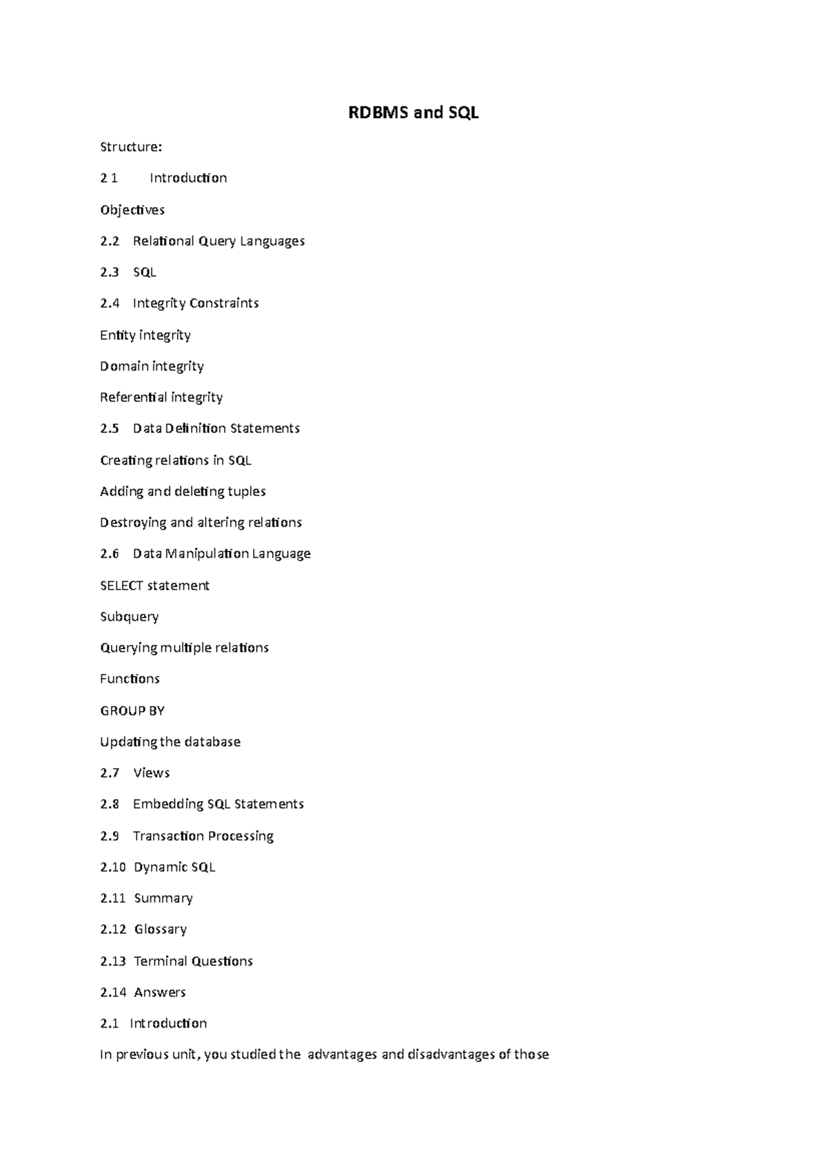 RDBMS & SQL: Key Concepts and Transaction Processing (CS101) - Studocu