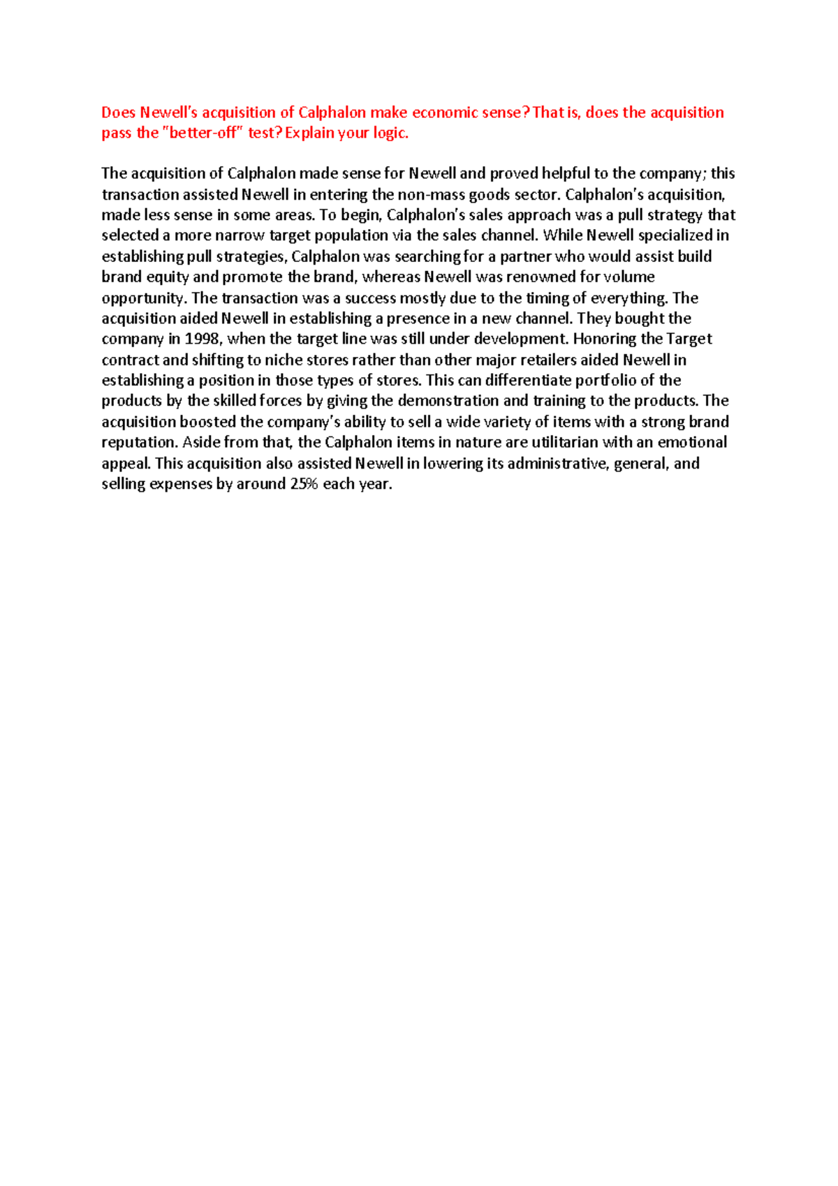 Economic Rationale of Newell's Calphalon Acquisition: A Better-Off Test ...