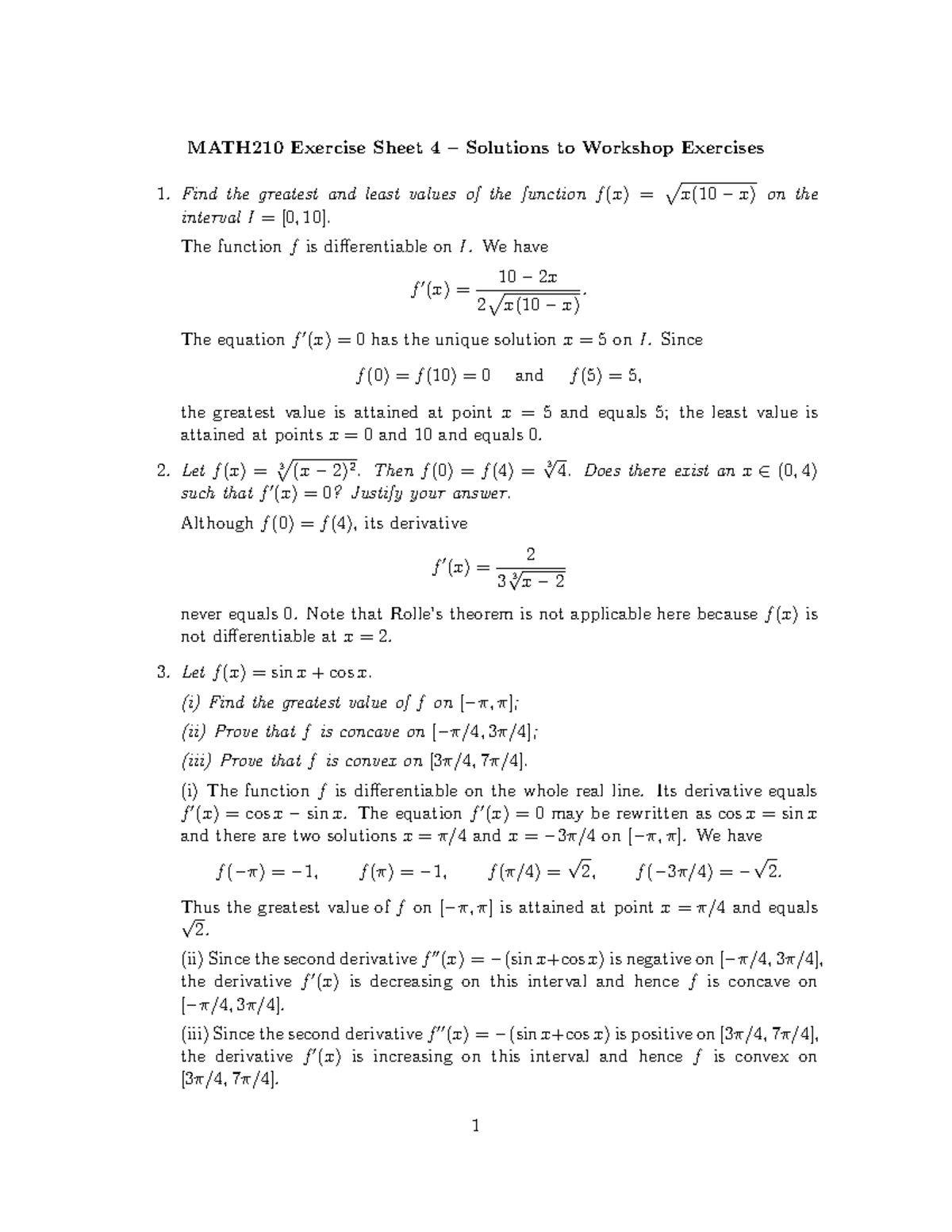 Math210 Exercise Sheet 4 Solutions Dk Math210 Exercise Sheet 4