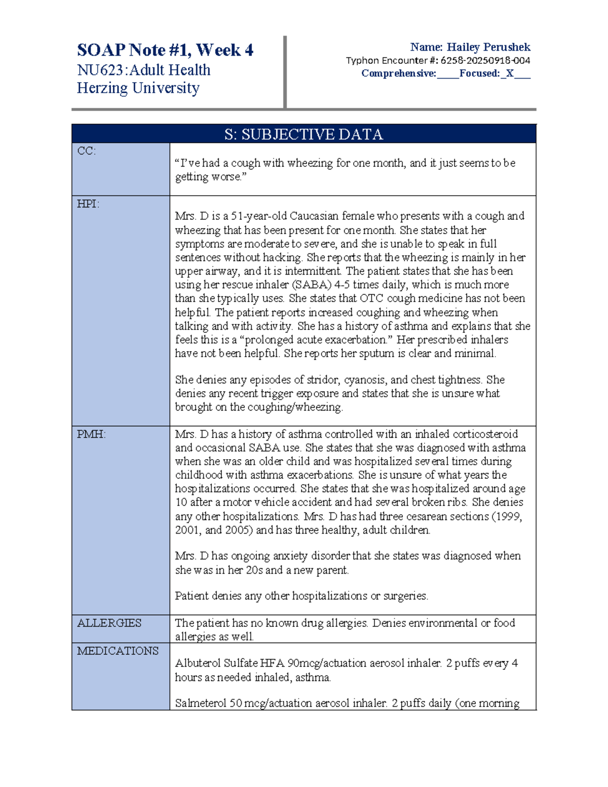 SOAP Note Week 4 NU623: Adult Health Assessment for Hailey Perushek ...