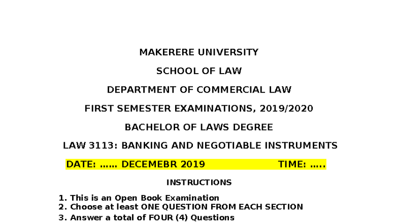 LAW 3113: Banking & Negotiable Instruments - Exam 2019 - Studocu