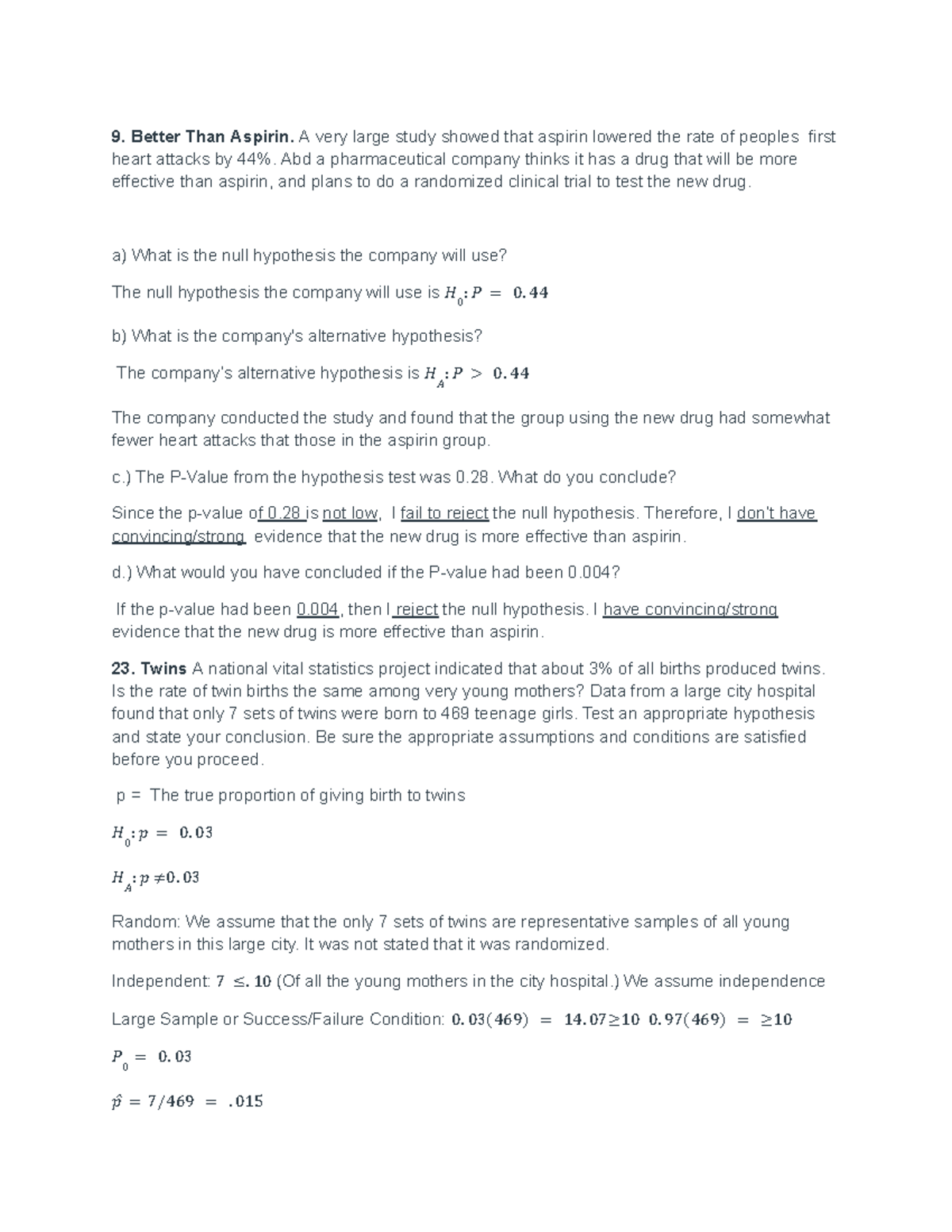 Chapter 19 Stat Homework Review - Hypothesis Testing & Analysis - Studocu
