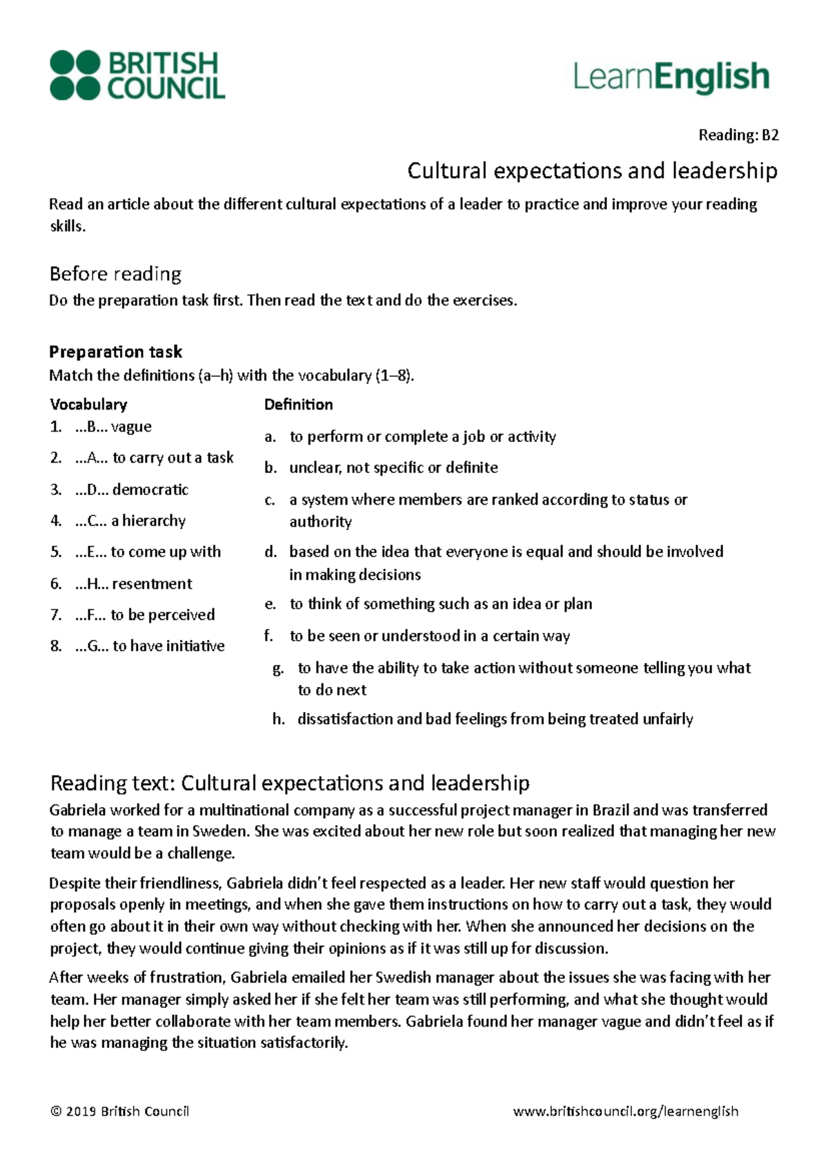 Cultural Expectations & Leadership in English Reading B2 - Studocu