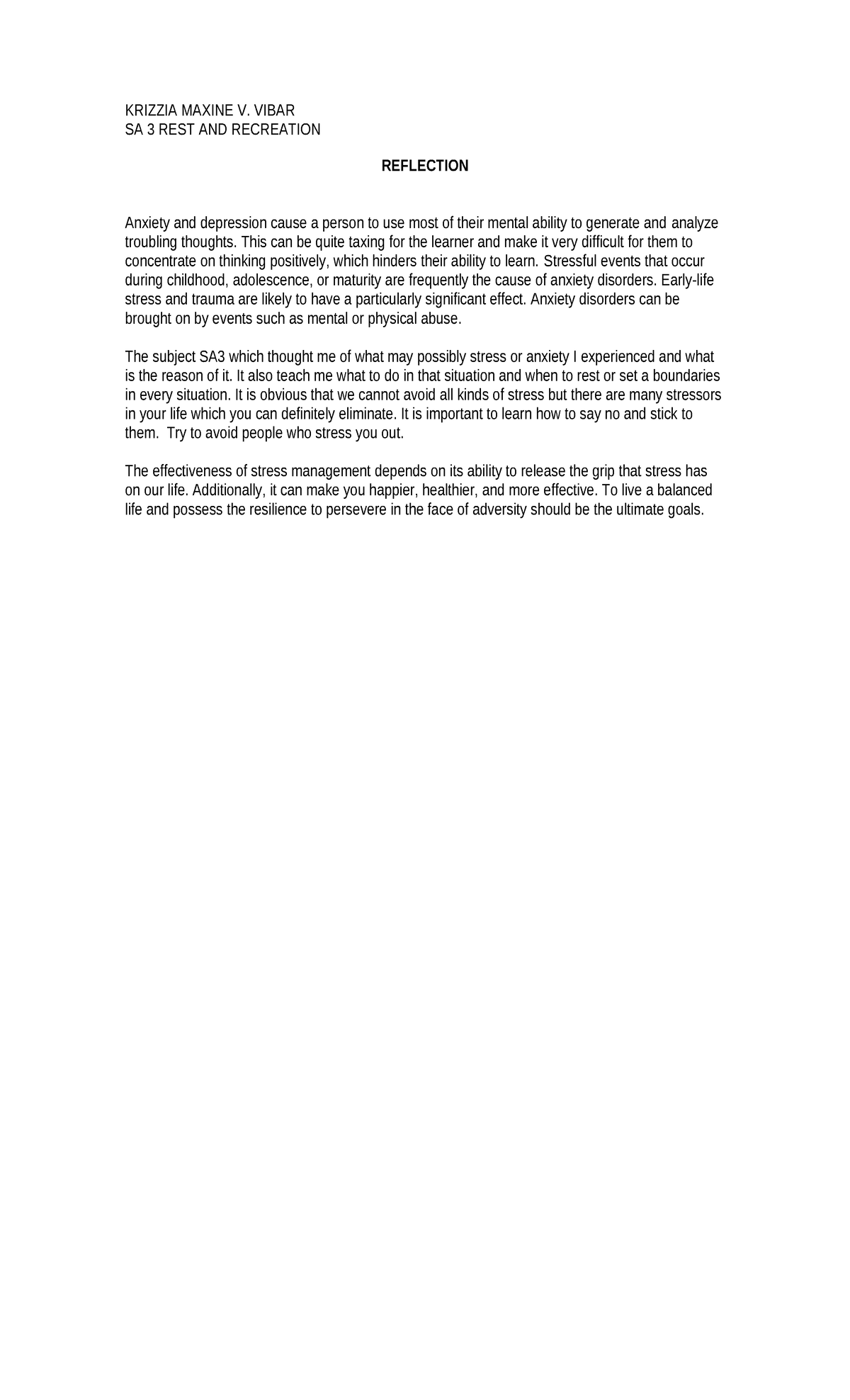 SA3 - Reflection on Rest and Recreation Strategies - Studocu