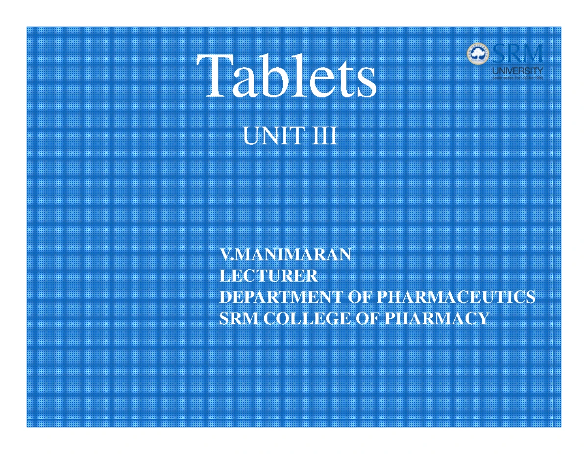 Tablets Compression and processing problems. Equipment and tablet ...