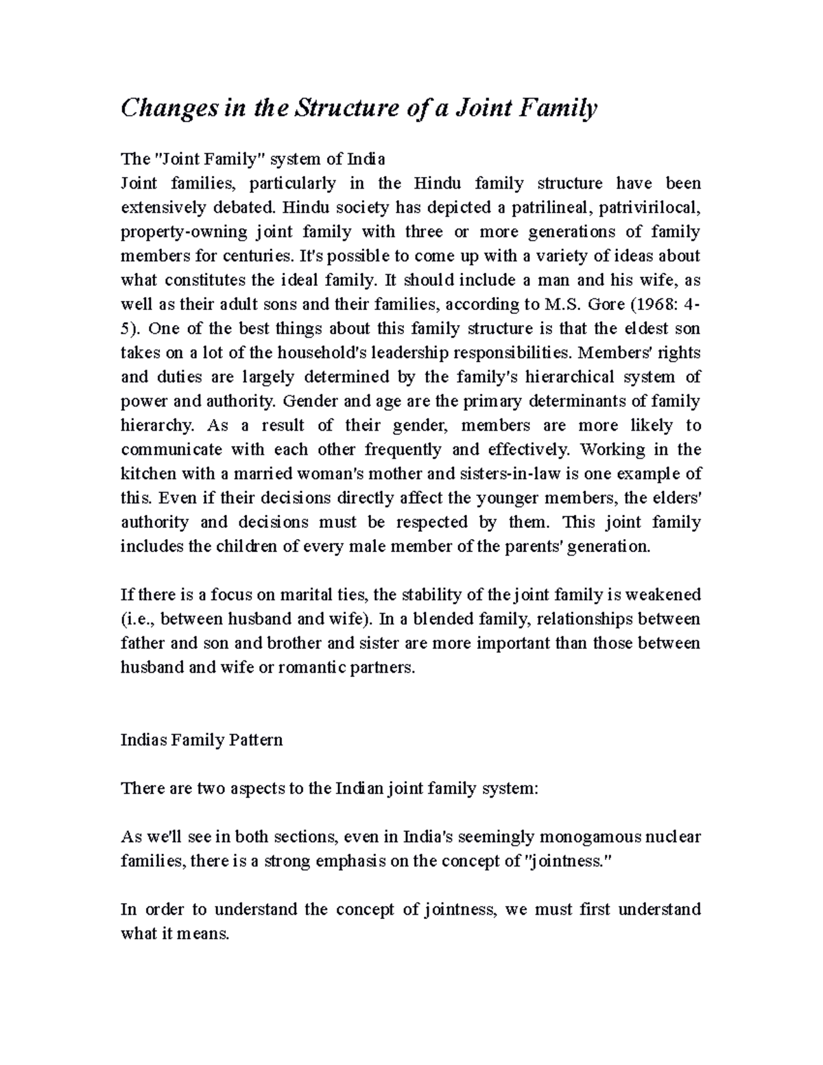 Changes in the Structure of a Joint Family - Hindu society has depicted ...