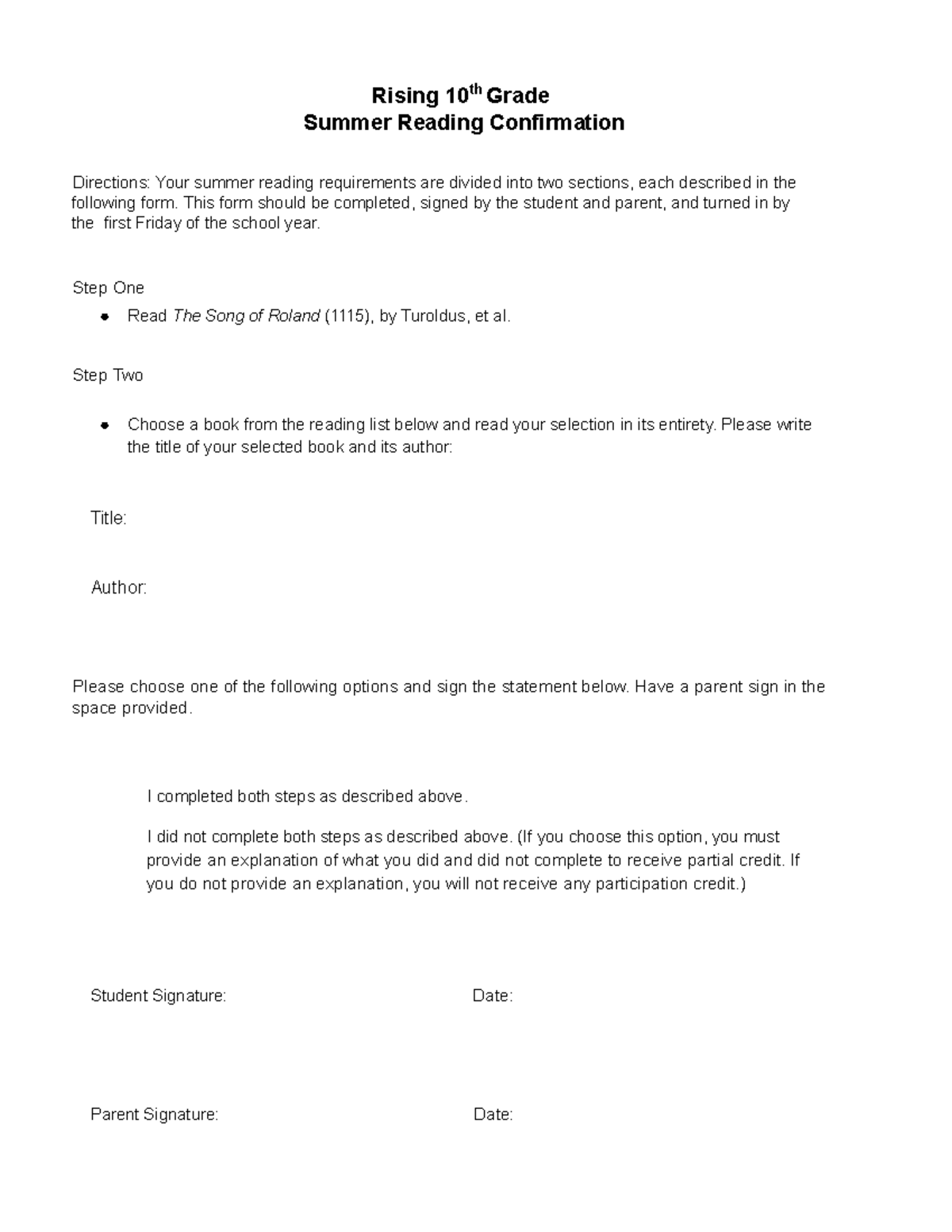 10th Grade Summer Reading Confirmation Directions - Studocu
