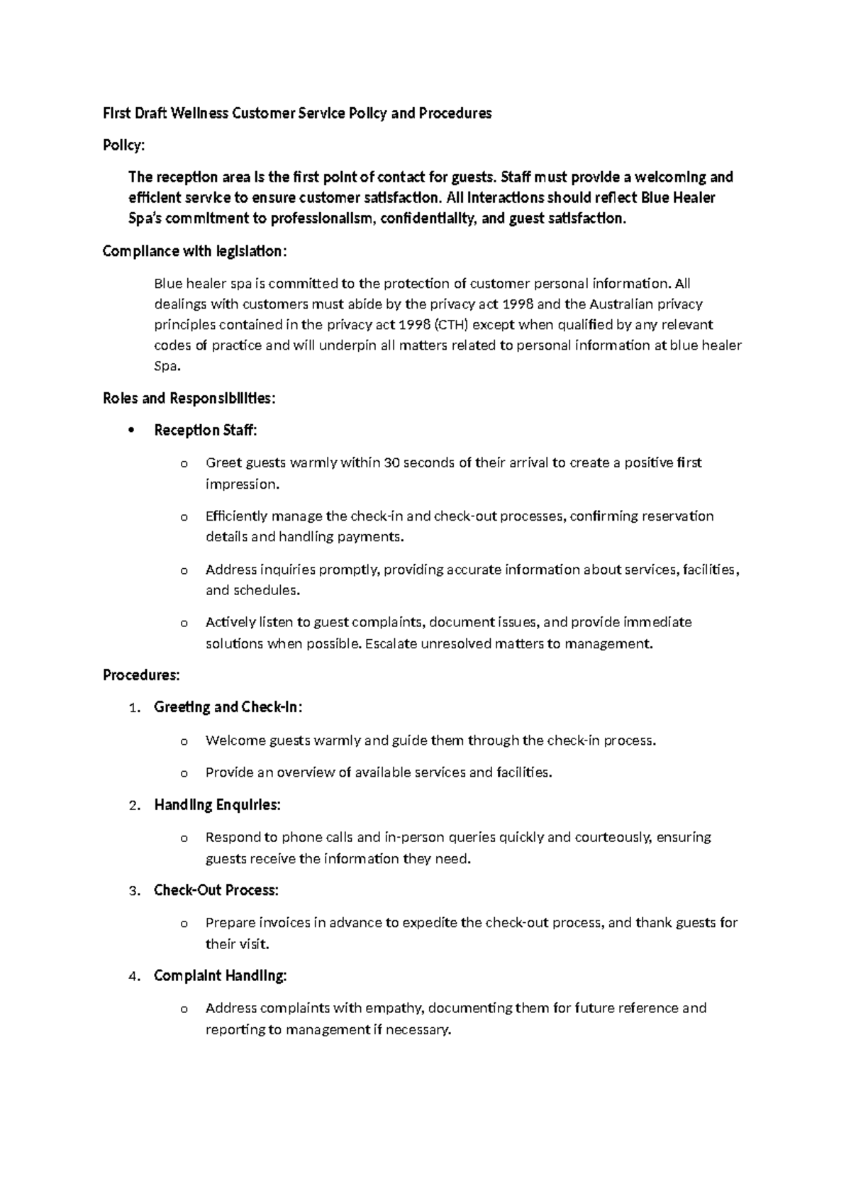 First Draft Wellness Customer Service Policy & Procedures Guide - Studocu