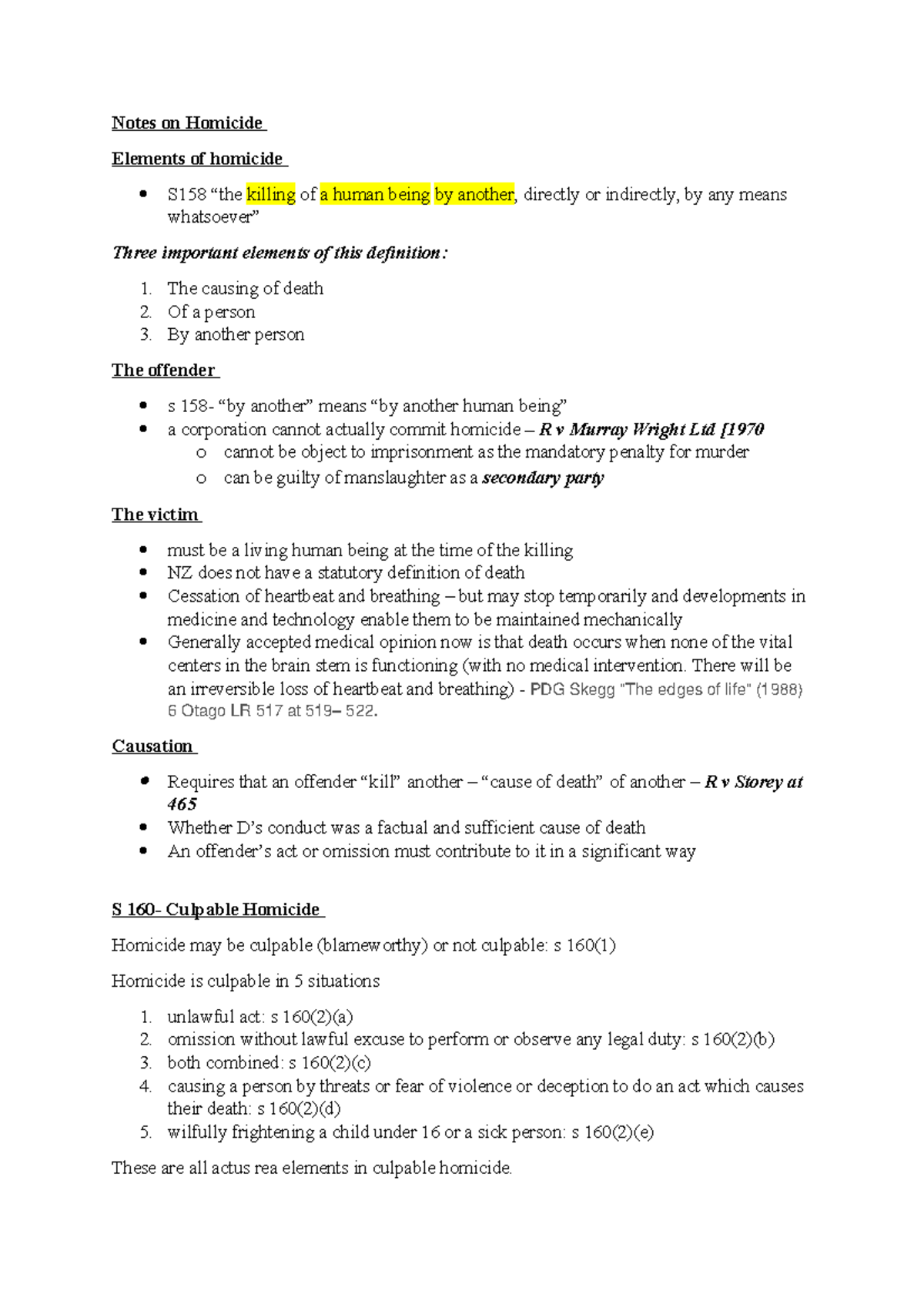 Homicide Law Overview: Key Elements & Culpable Homicide - Notes - Studocu