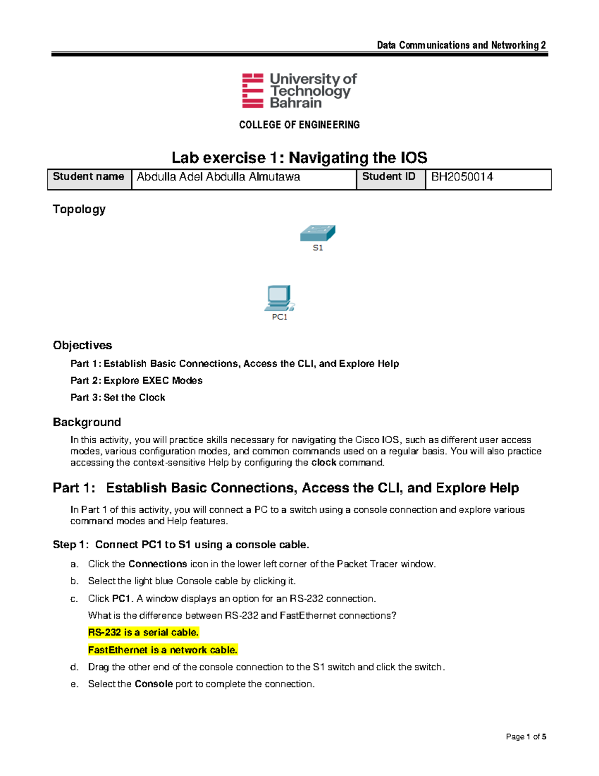 Lab Exercise 1: Navigating the Cisco IOS (BH20500114) - Studocu