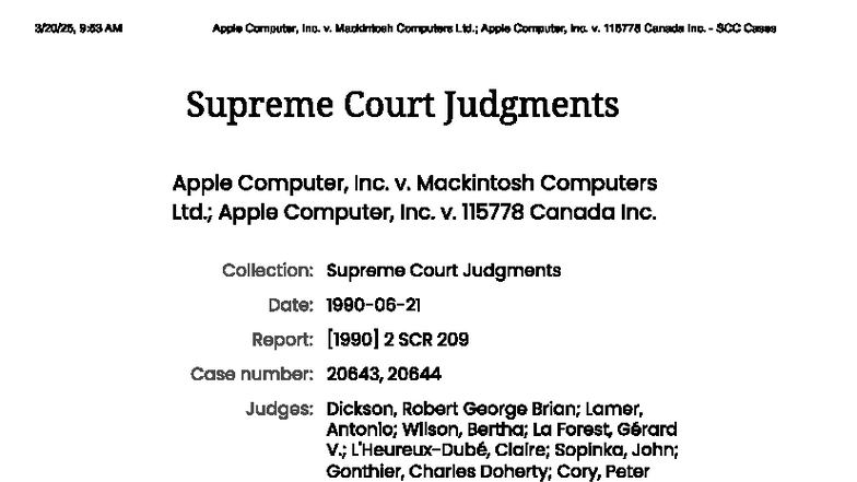 SCC Case Brief: Apple Computer, Inc. v. Mackintosh Computers & 115778 ...