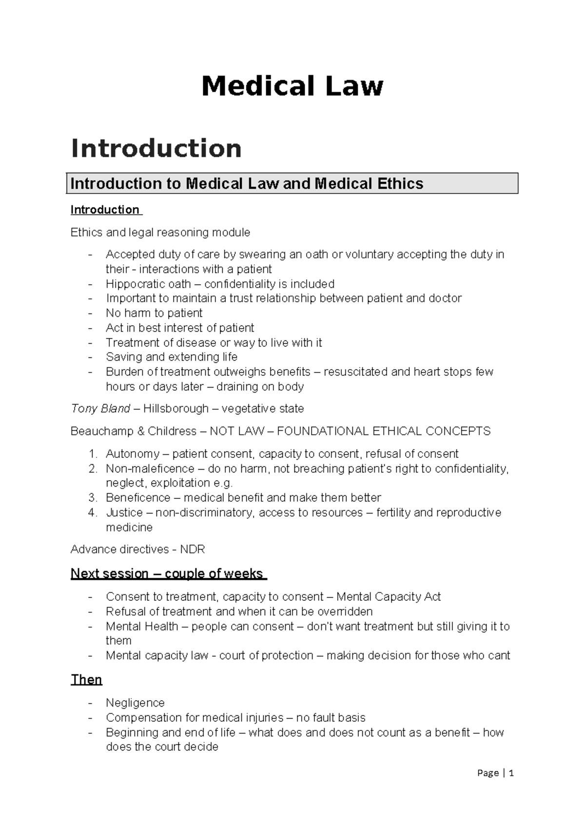 Medical Law Notes: Introduction to Ethics, Consent, and Capacity - Studocu