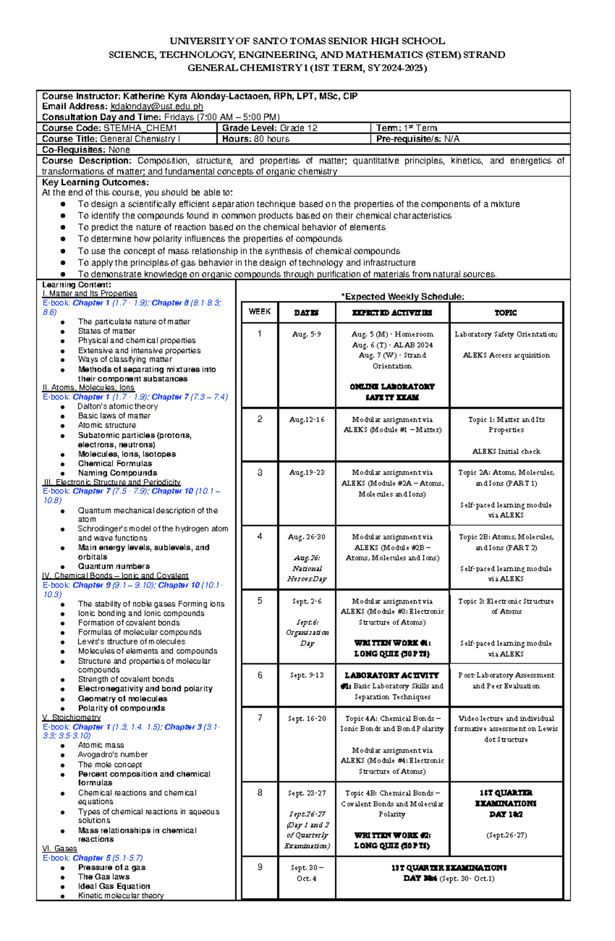 General Chemistry 1 (STEMHA_CHEM1) 1st Term SY 2024-2025 Outline - Studocu