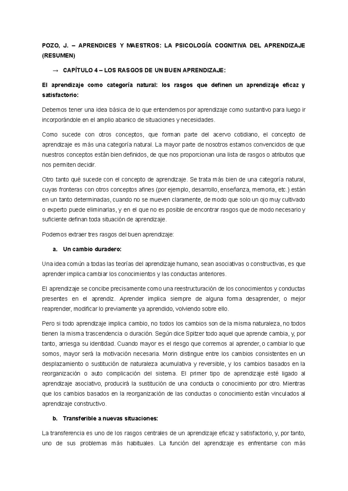 CAPÍTULO 4 – RASGOS CLAVE DEL APRENDIZAJE EFICAZ Y SATISFACTORIO - Studocu