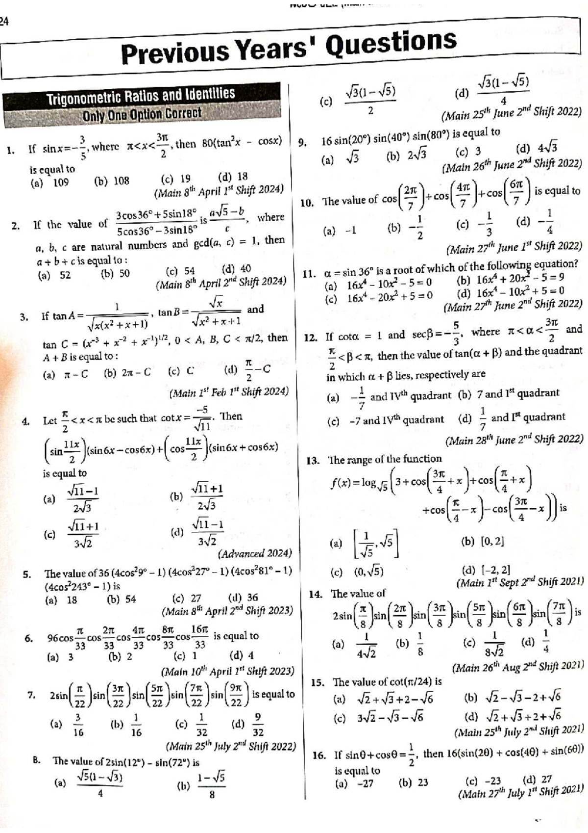 Trigonometric PYQ 2024: Previous Year Questions Analysis - Studocu
