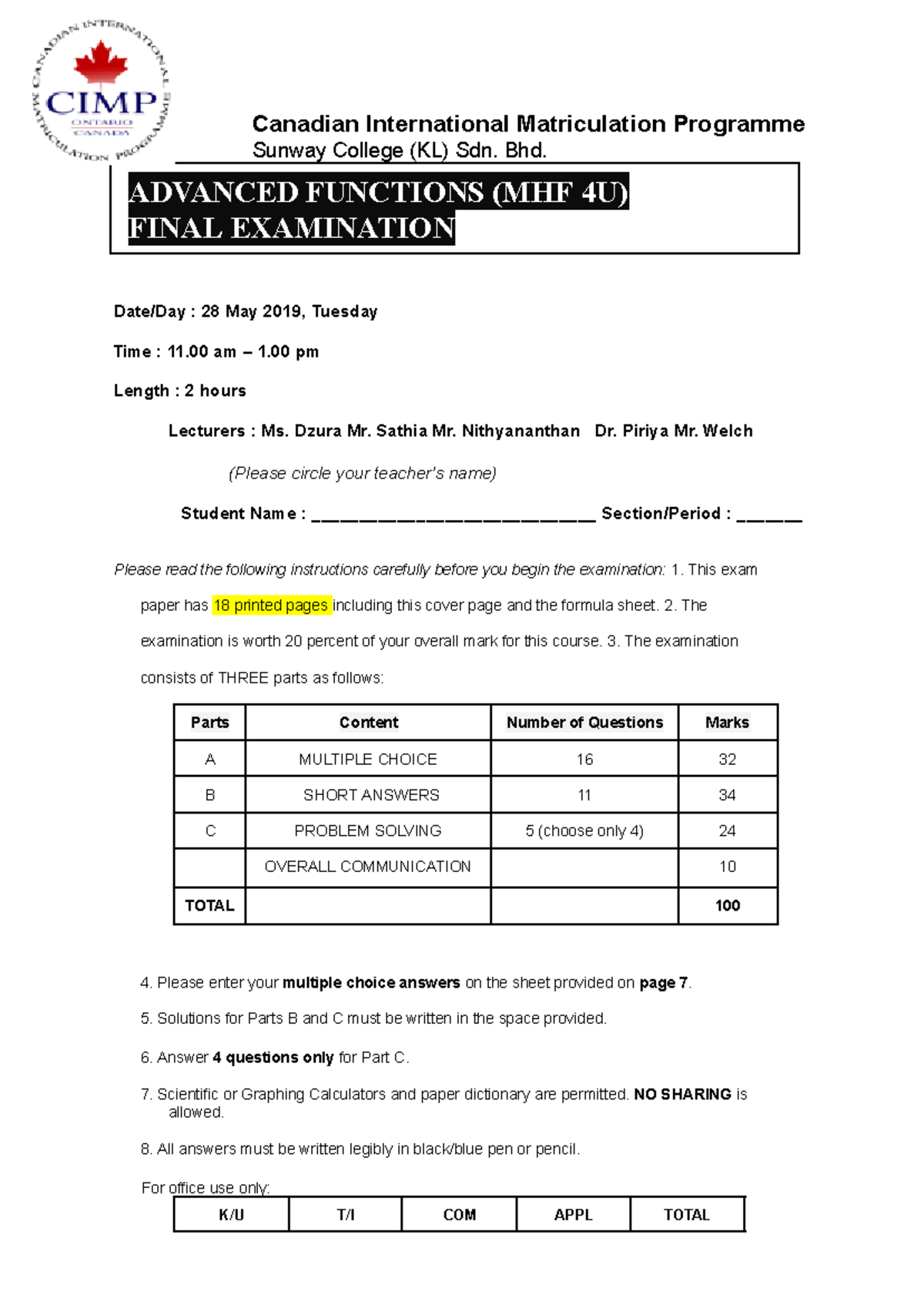 MHF4U Final Exam Guide - May 2019 (Past Year) - Studocu