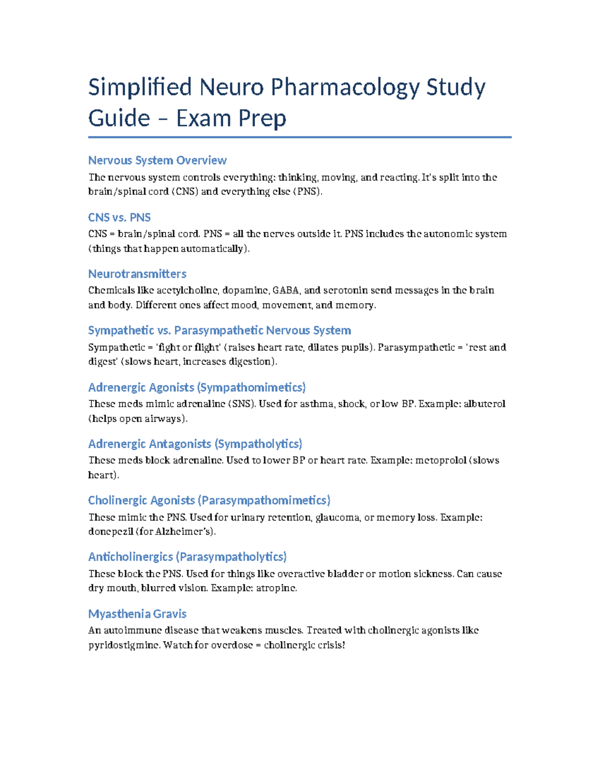 Pharm 101: Exam 1 Study Guide on Neuro Pharmacology Overview - Studocu