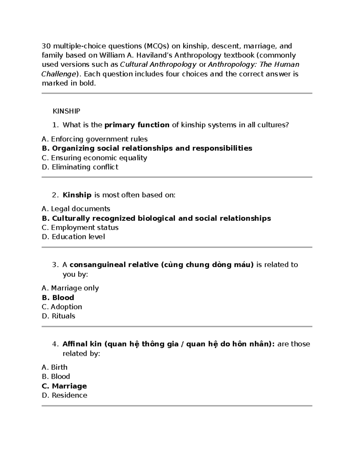 30 MCQs on Kinship, Descent, and Marriage - KIN 101 - Studocu