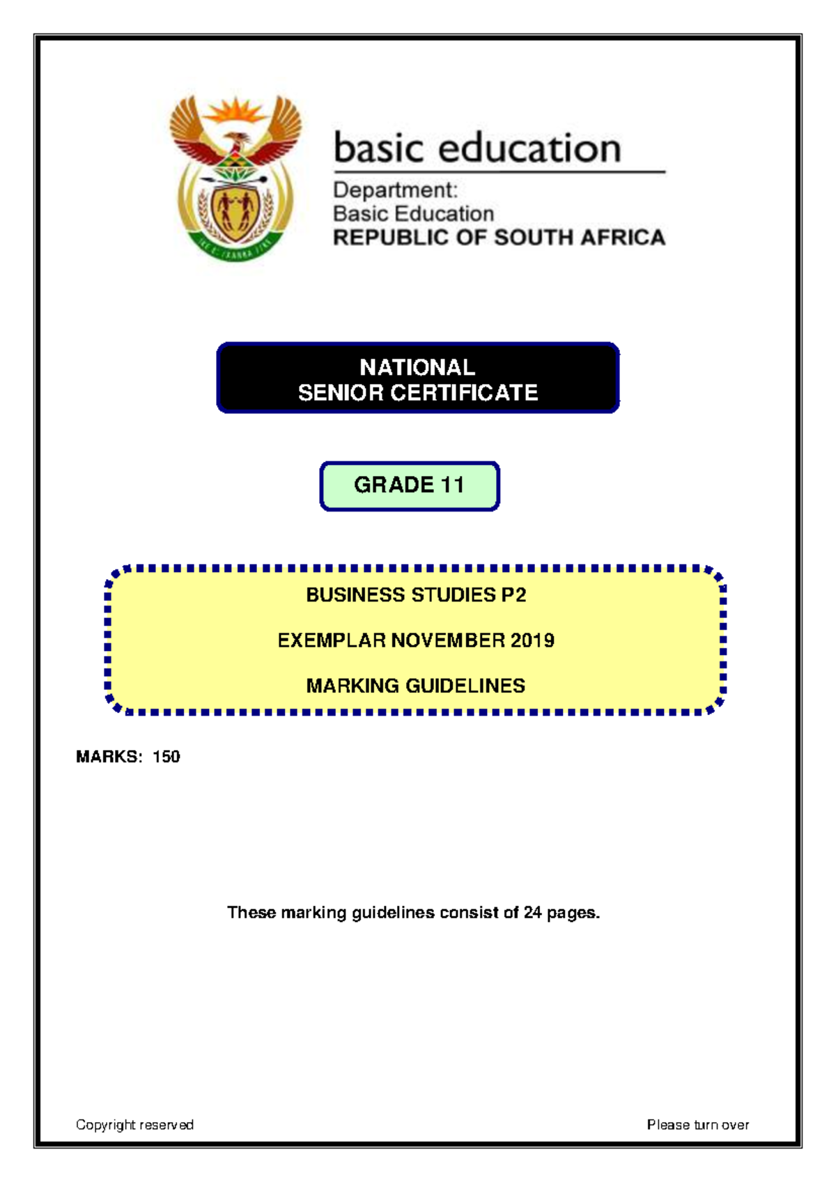 Grade 11 DBE Business Studies November 2019 Paper 2 Exemplar Memo - Studocu