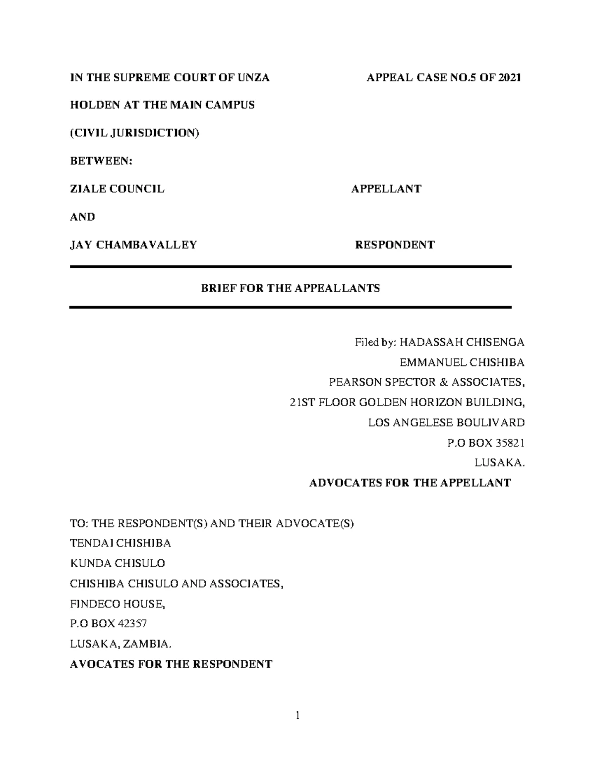 SCHOOL OF LAW: MOOT COURT GROUP SIX - APPELLANT BRIEF ON CHISHA LOMBE ...