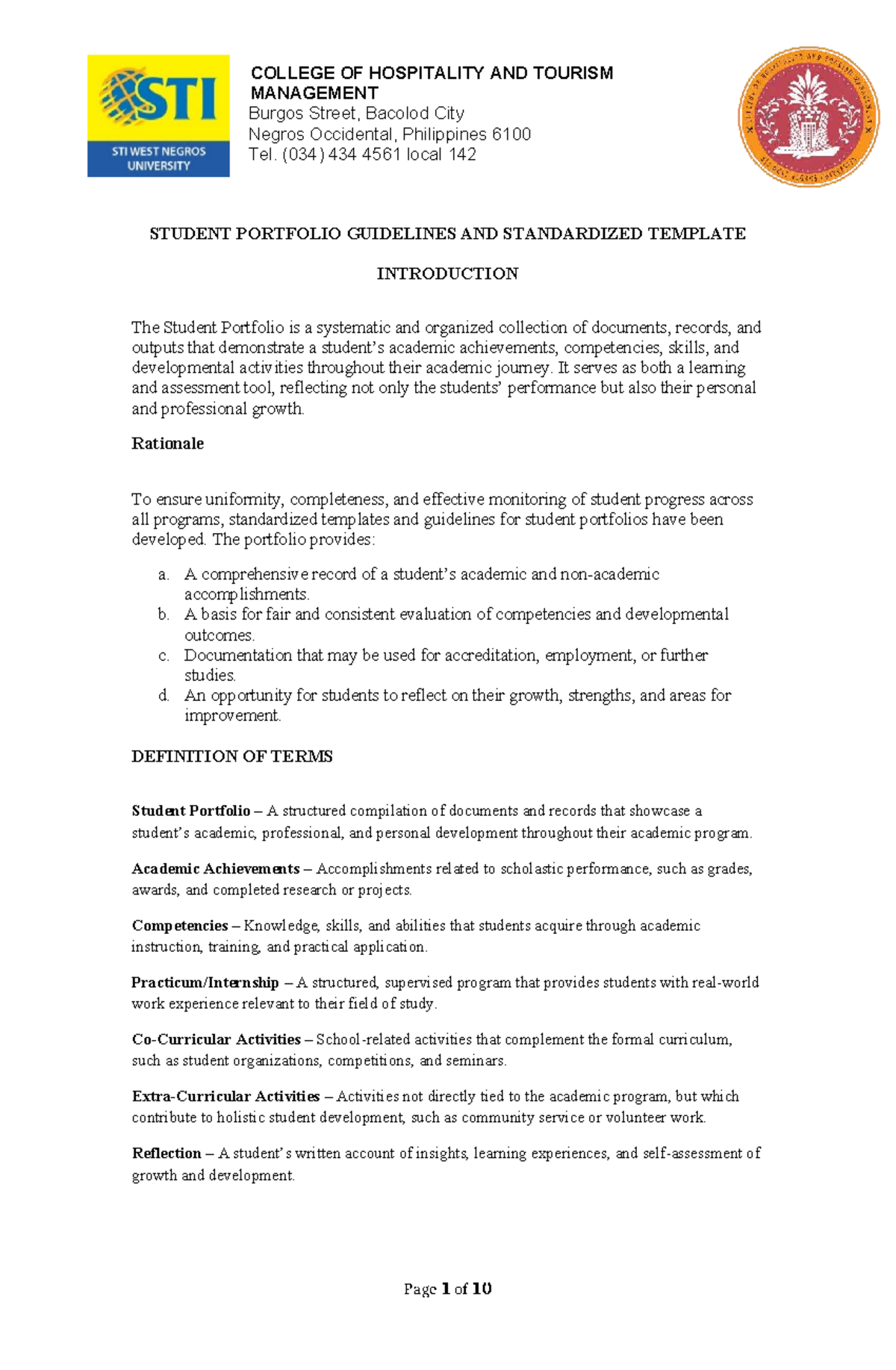 Student Portfolio Guidelines for BS in Tourism Management - Studocu