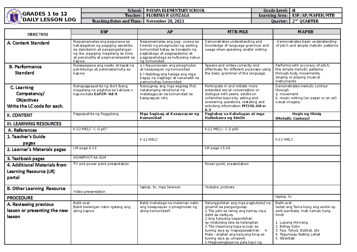 Daily Lesson Log: ESP/MTB-MLE/MAPEH for Grade II (Nov 28, 2023) - Studocu