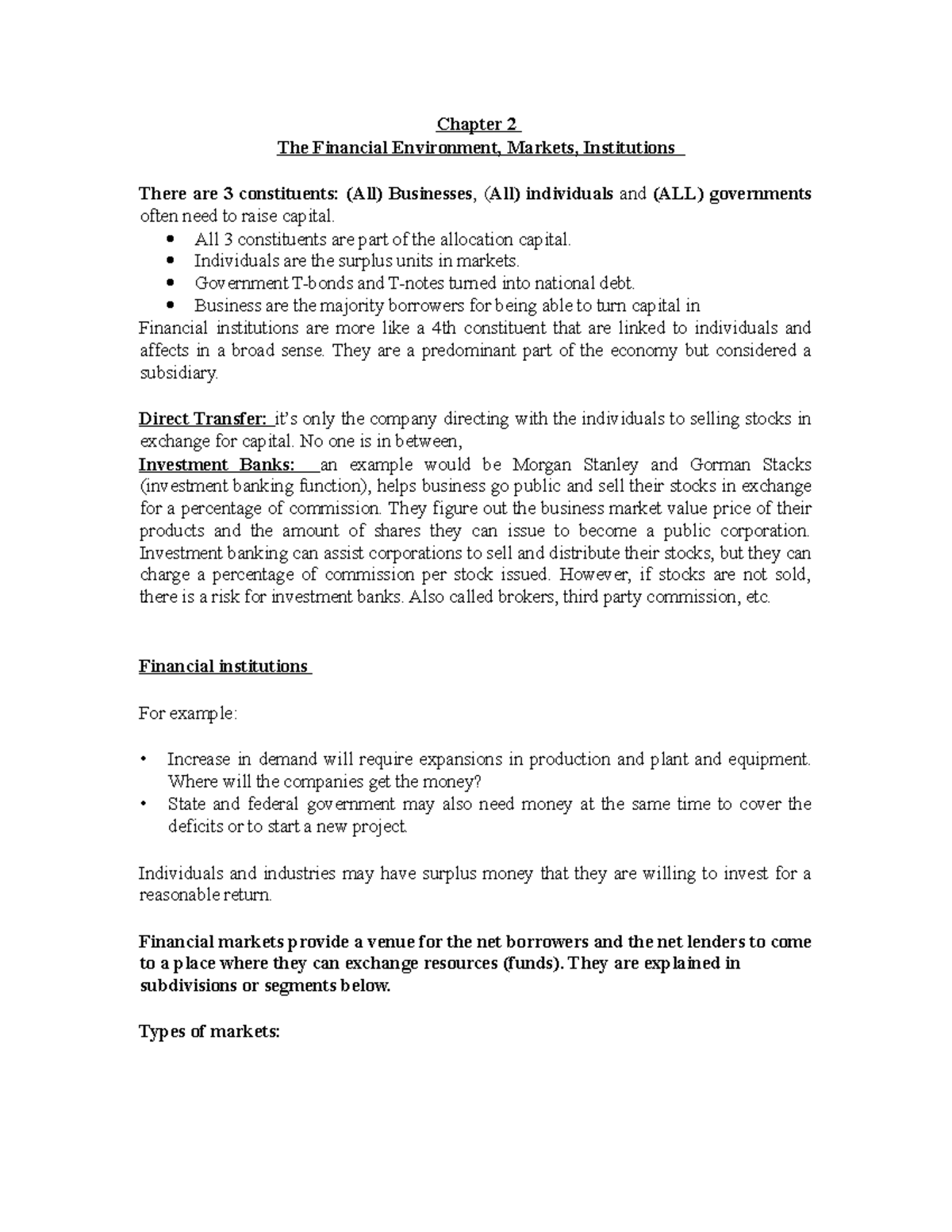 Chapter 2 Notes - Overview of Financial Markets & Institutions - Studocu