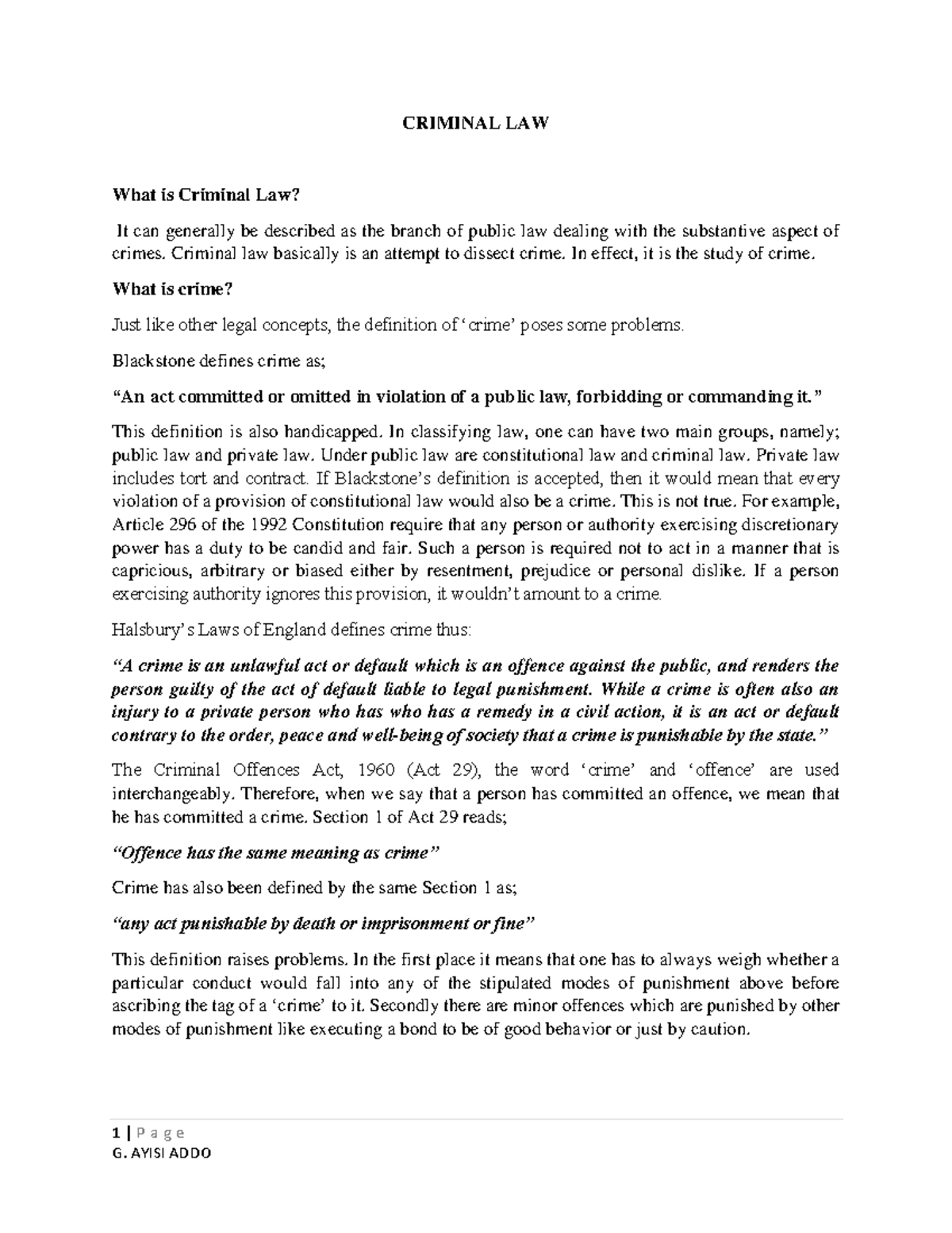 Criminal Law Notes - Key Concepts & Definitions (CL 101) - Document Preview