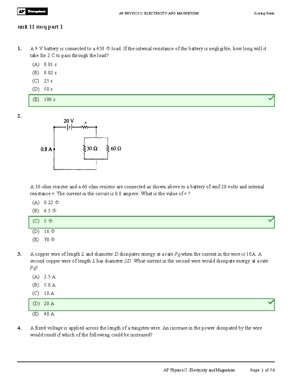 AP PHYSICS C: ELECTRICITY AND MAGNETISM Unit 11 MCQ Scoring Guide Part ...